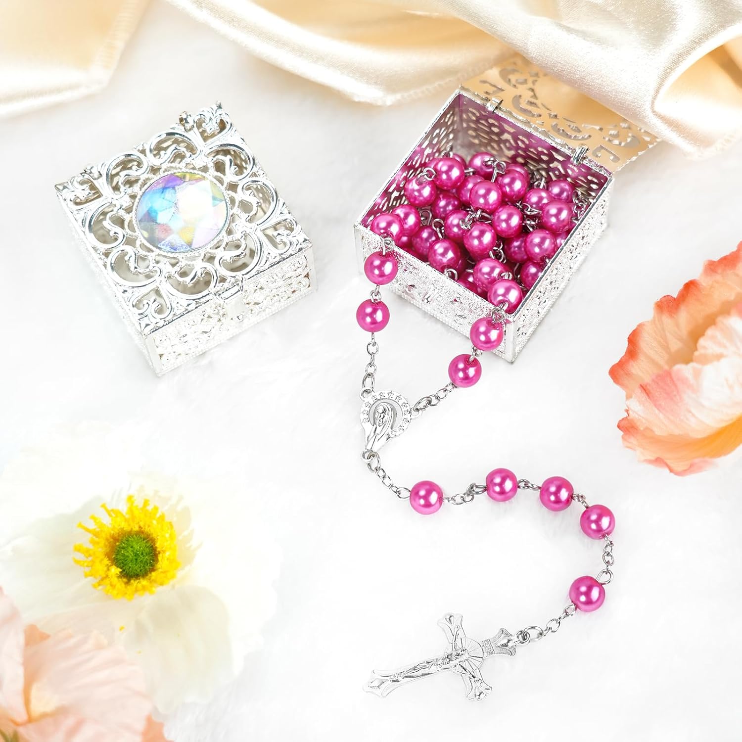 8mm Rosary Beads Necklace, Rosary Beads Catholic for Men and Women Comes in a Metal Gift Box, First Communion Rosary Necklace as Gifts(Rose) - Image 4