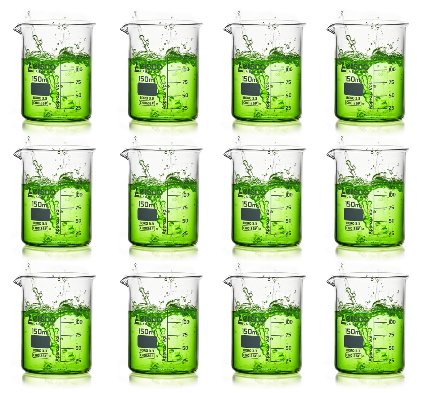 EISCO 12PK Beakers, 150mL - Low Form with Spout - White, 25mL Graduations - Borosilicate 3.3 Glass — Amazon image 2