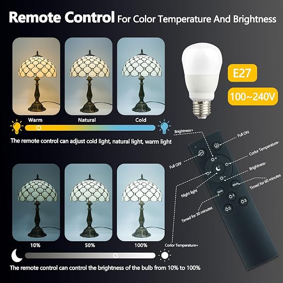 Tiffany Style Lamp,Stained Glass Table Lamp for Living Room,Bedside,Bedroom,Nightstand,12 Inch Small Vintage Lights Included E27 Bulb with Remote Control (Umbrella Shaped White Willow Tree) [Energy Class F]