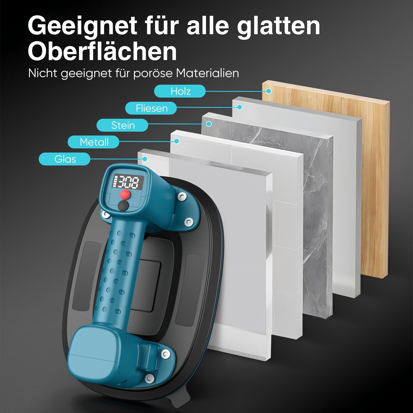 Akku Saugheber, 300 kg Tragkraft, Elektrischer Vakuumheber mit LCD-Anzeige & 4000 mAh Akku, Auto Nachsaugfunktion, Doppelmotor, 10" Saugnäpfe für Fliesen, Glas, Terrassenplatten (1er-Set)