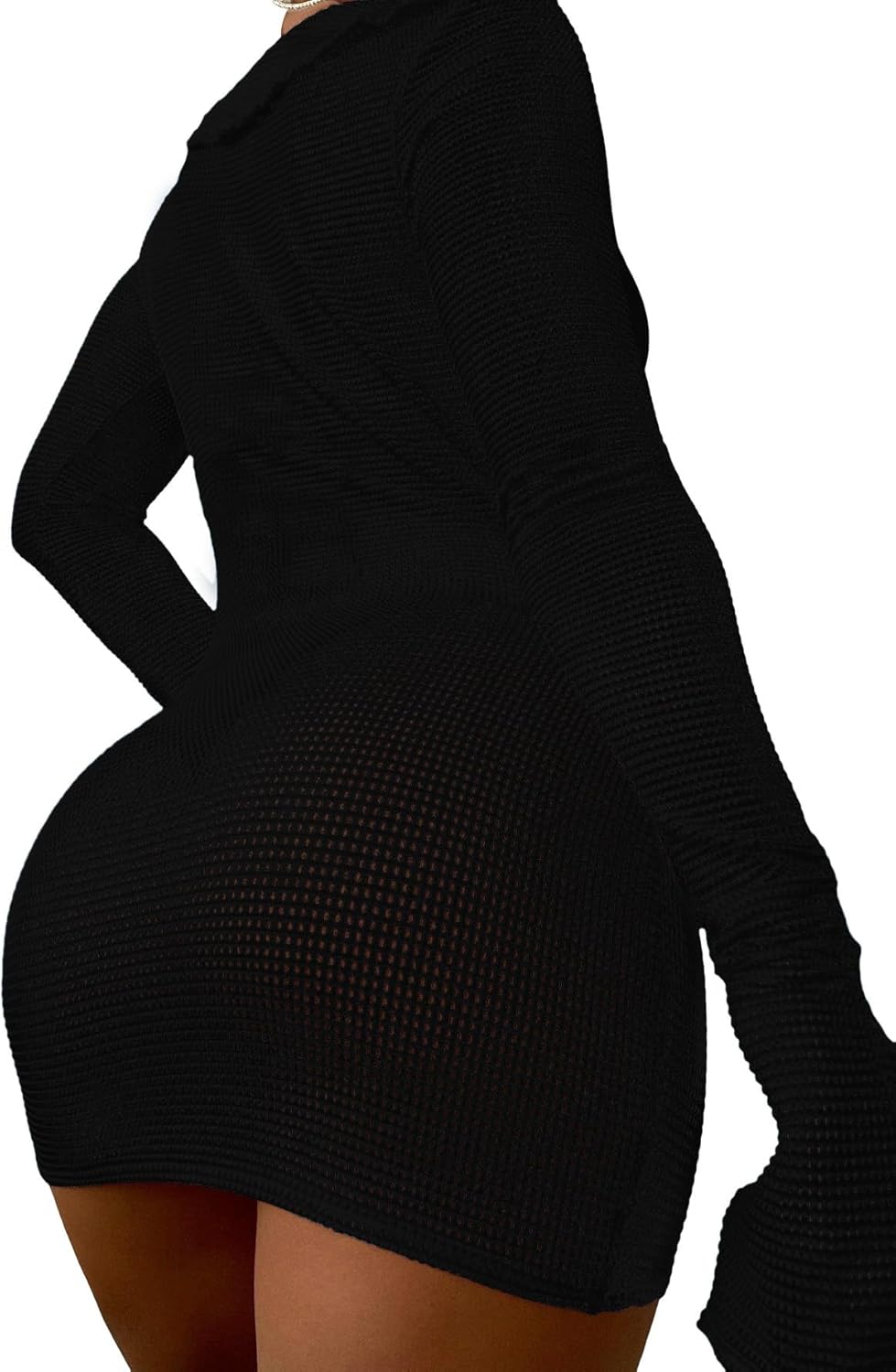 Lilosy Sexy Long Sleeve One Shoulder Bikini Fishnet Beach Swim Cover Up Dress - Image 2