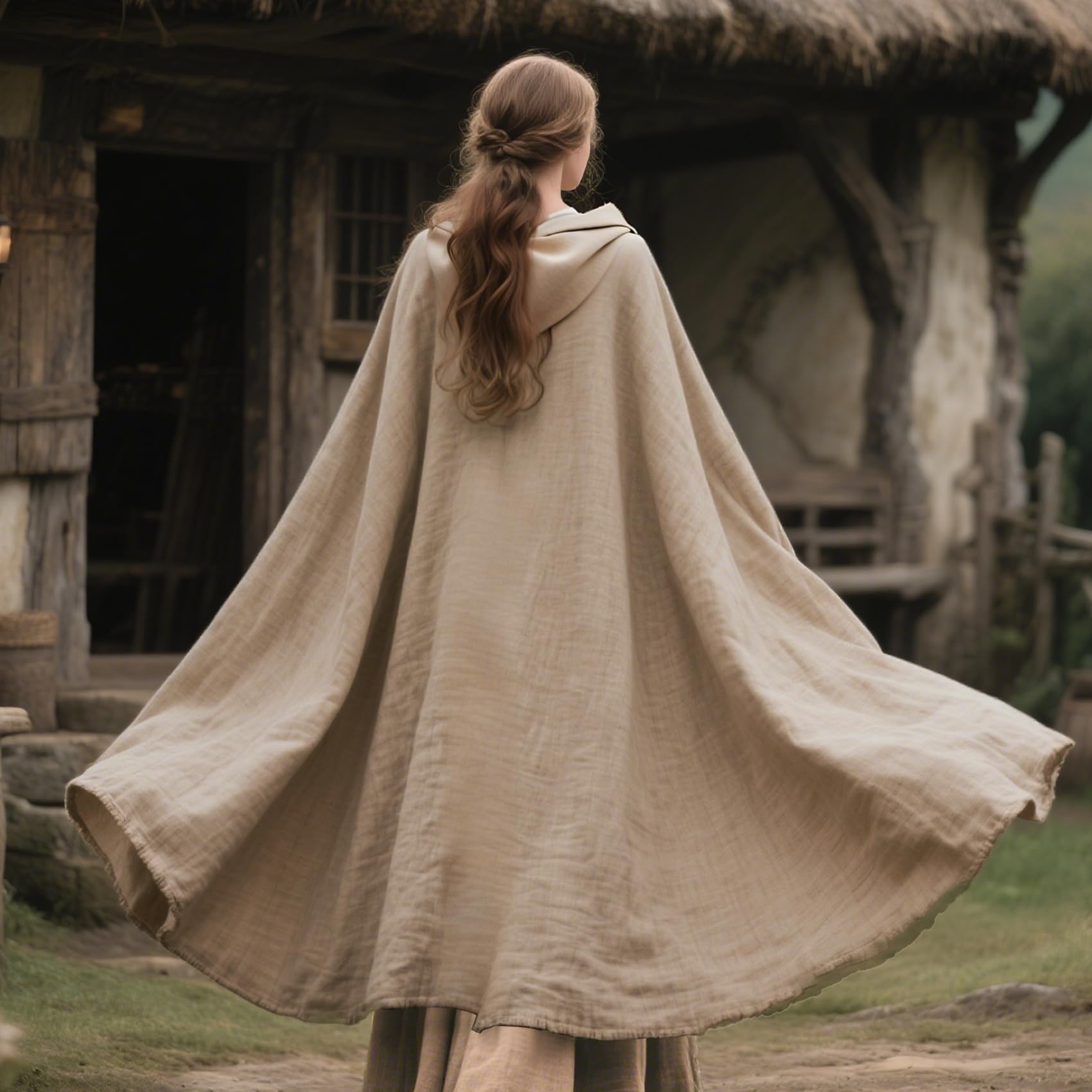 keland Mittelalter Umhang Leinen Renaissance Kapuzenumhang für Damen Herren Halloween Cosplay (Khaki)