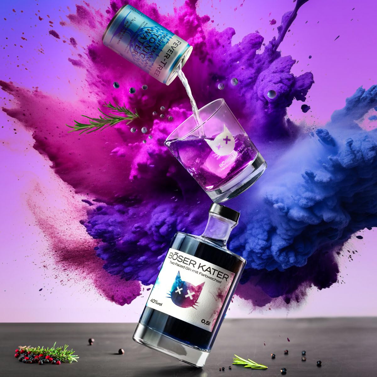 BÖSER KATER Magic Two Faced Gin | Farbwechsel-Effekt von Blau zu Violett durch Tonic Water | Das perfekte Geschenk in hochwertiger Geschenkbox | Handgemacht & perfektionierter Geschmack 0,5l 40% Vol.