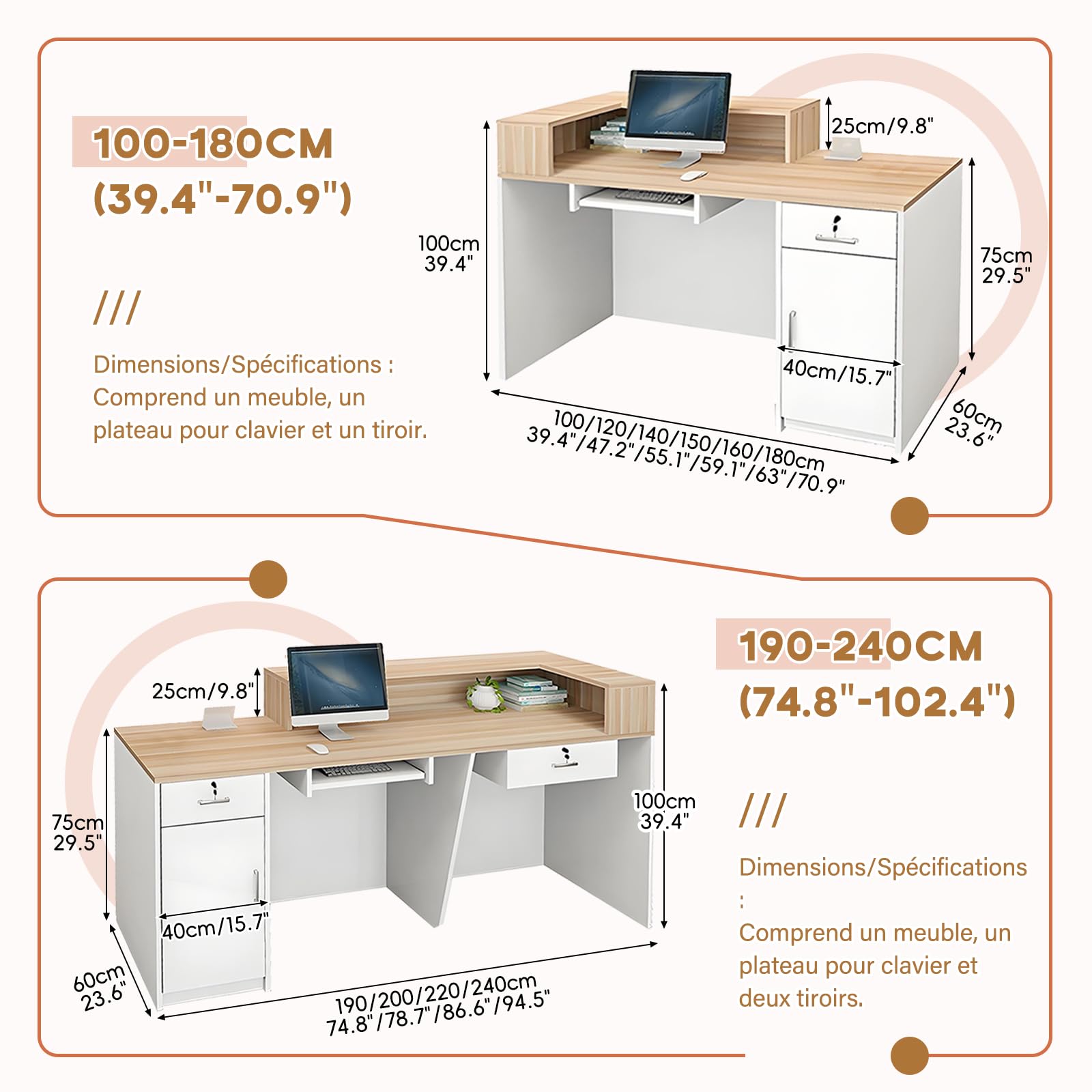 Comptoir Caisse, Accueil avec Tiroir Verrouillable étagères Ouvertes, Largeur 100‑240 cm, Moderne pour Salon Bureau Boutique