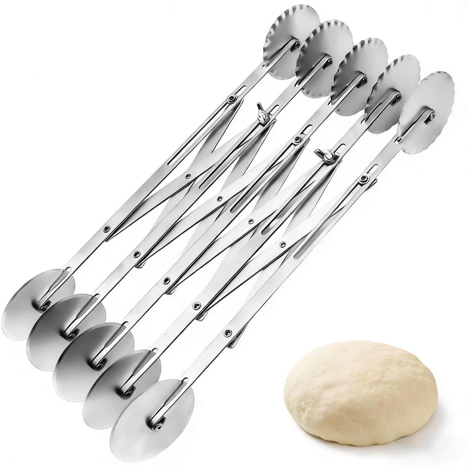 TIANLIN Tagliapasta in Acciaio Inossidabile, 5 Ruote Regolabili, Ruota Doppia per Pasta, Lama Ondulata e Liscia, Argento, Completo di Accessori Rimovibili, per Impasti, Pasticceria