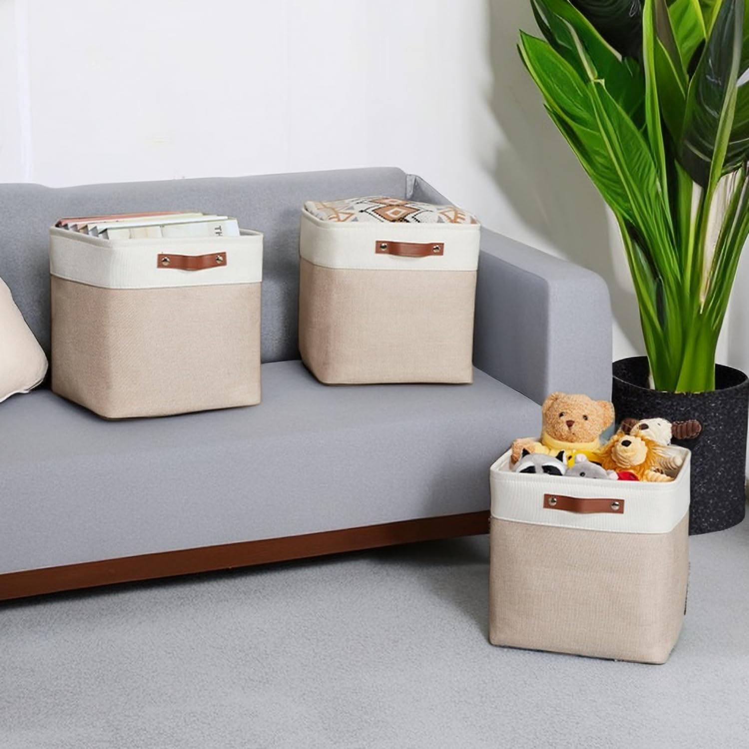 Lot de 4 Boîtes de Rangement en Tissu, 30x30x30cm, Avec Poignée en Cuir Synthétique pour Étagère Cube, Étagères, Penderie, Kaki et Blanc