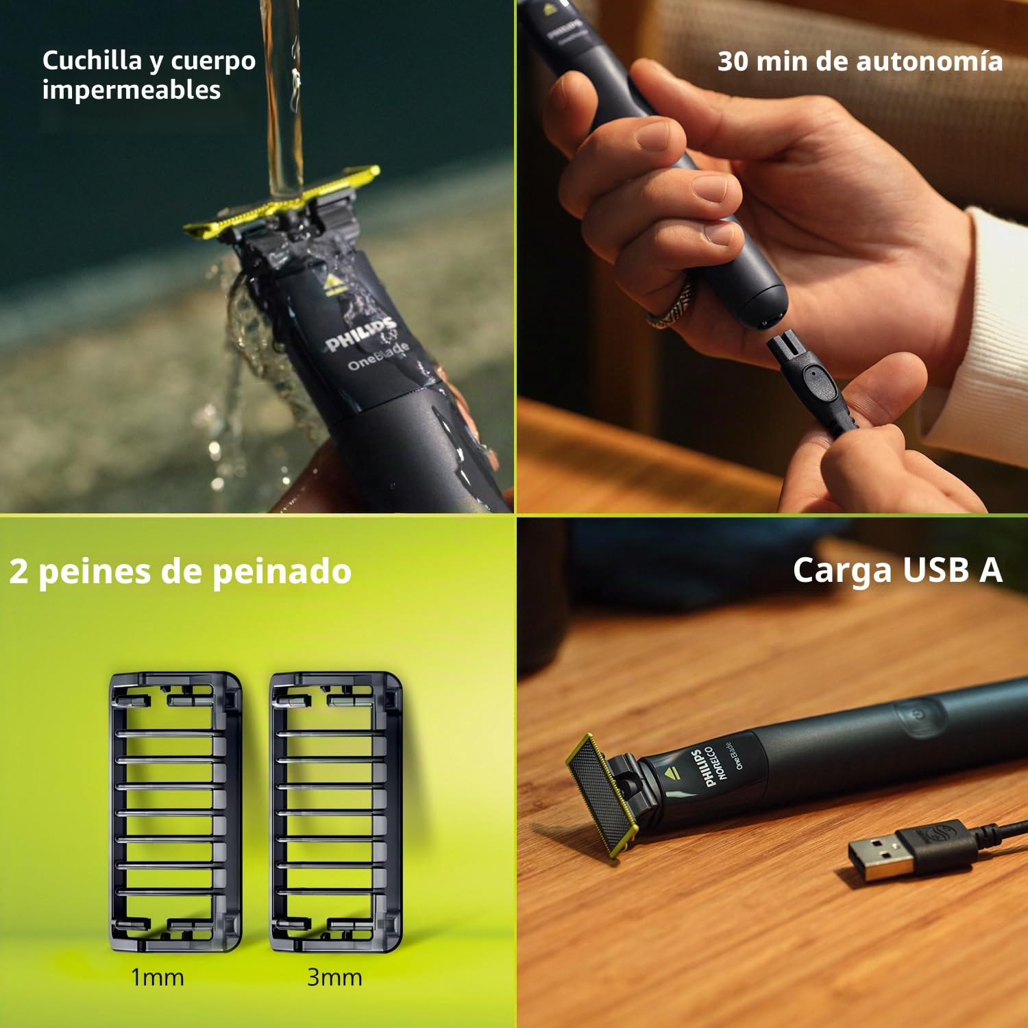 Philips OneBlade QP1424/10-2 peines de rastrojo (1, 3 mm), recargables, uso en húmedo y seco