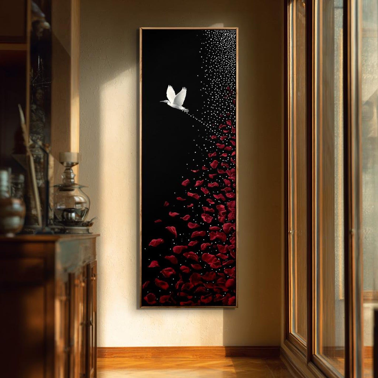 XINBAO Large Vertical Painting, Tall Thin Wall Art, Bird Canvas Prints, Slender Branch Decor, Narrow Hallway Animals Artwork(45x135cm/Frameless)
