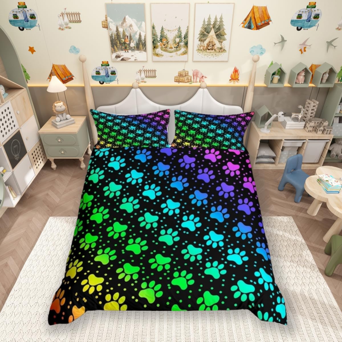 feelingyou Dog Paw Print Duvet Cover Set Single Size,Rainbow Gradient Puppy Paw for Dog Lover Comforter Cover for Kids Boys Bedroom Gift,Funny Pets Animal Bedding Set with 1 Pillowcase, Polyester