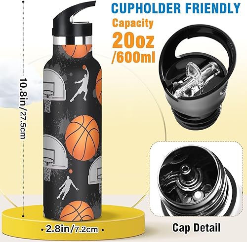 Miniatura 2 de Water Bottle for Kids with Straw Leakproof Insulated Water Bottle 20oz, BPA-Free, Orange Basketballs