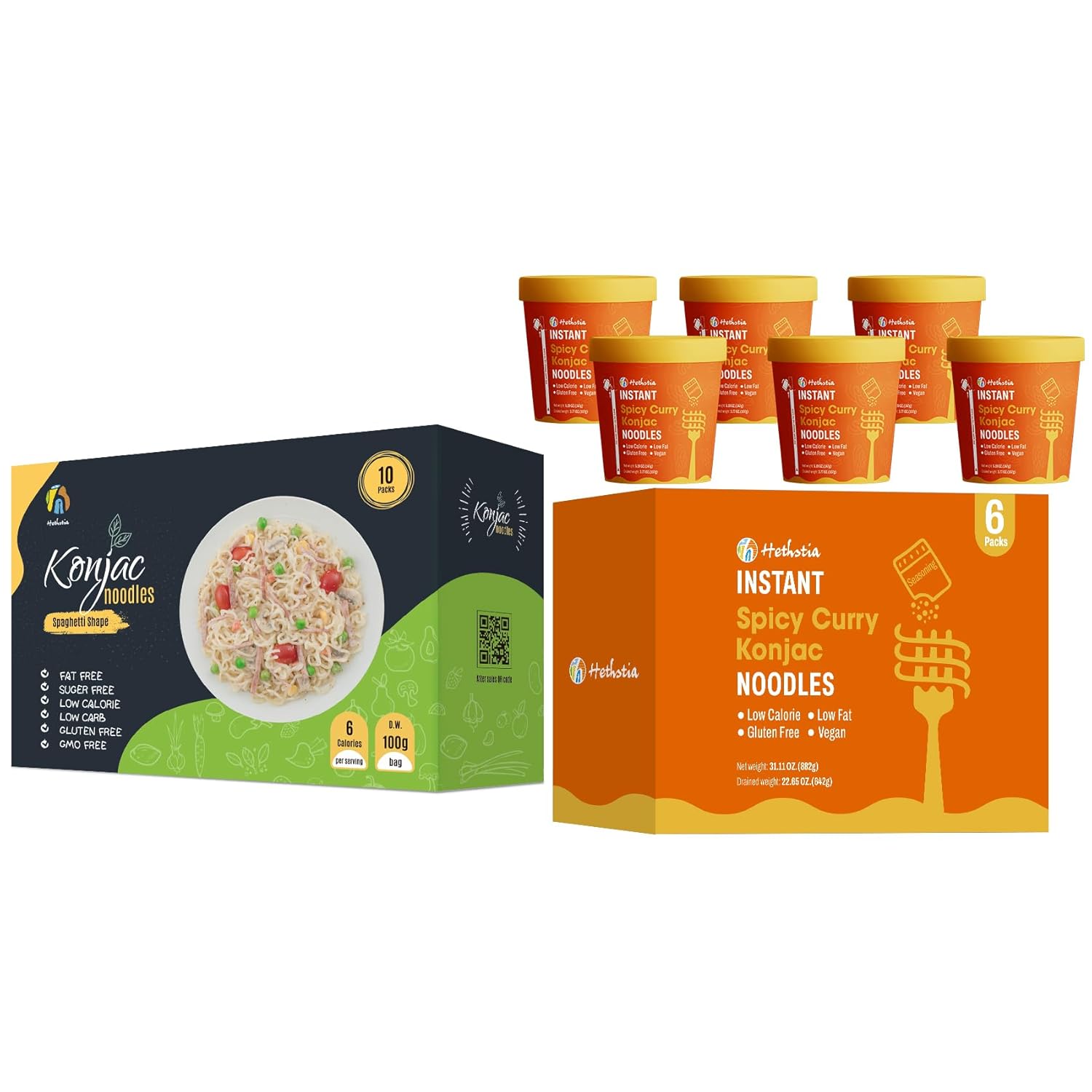 Hethstia Bundle – Shirataki Spaghetti & Spicy Curry Pho Cups, 10 Pre-Cooked Spaghetti Packs + 6 Instant Spicy Curry Pho Noodle Cups, Vegan, Sugar-Free, Low-Calorie, Plant-Based Meal Kit