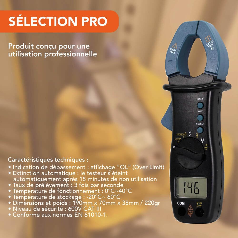 Multimètre à pince ampèremétrique digitale 5 fonctions, 600V, 600A, cat III, garantie 5 ans - Tibelec