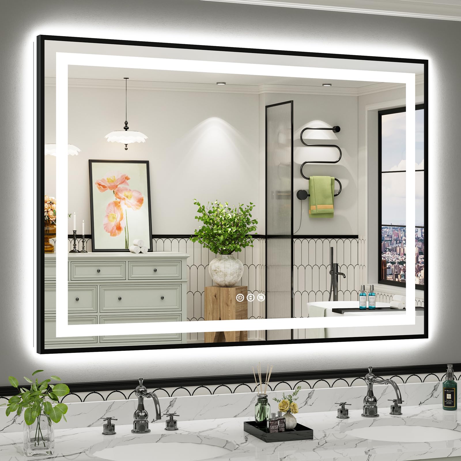 Briivue 55x40 Inch LED Bathroom Mirror with Gold Frame, Backlit &amp; Front Lit