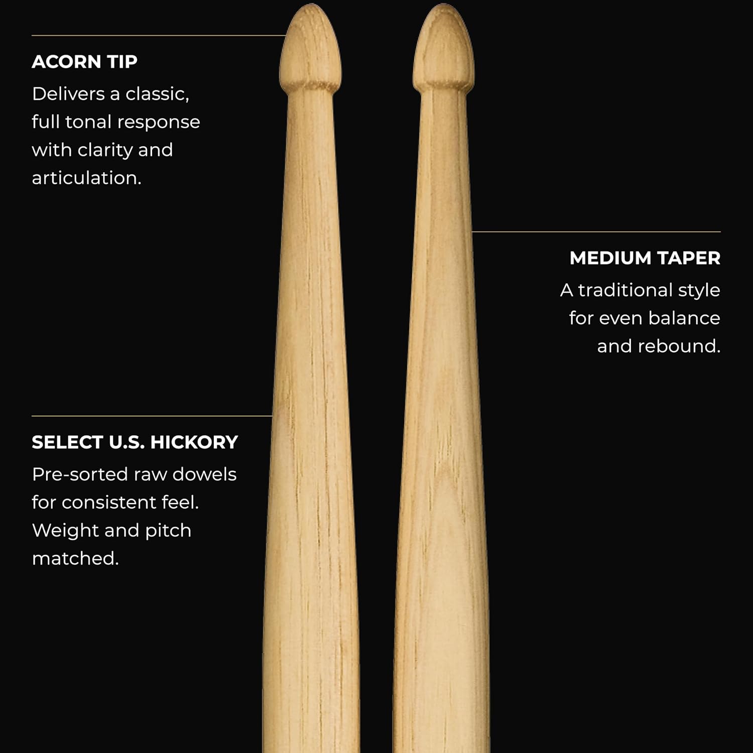 Meinl Stick & Brush Drumsticks, Standard Long 7A Half Brick – Hickory Wood Drum Sticks with Acorn Tip – Live, Practice, Drum Kits, Percussion – MADE IN GERMANY
