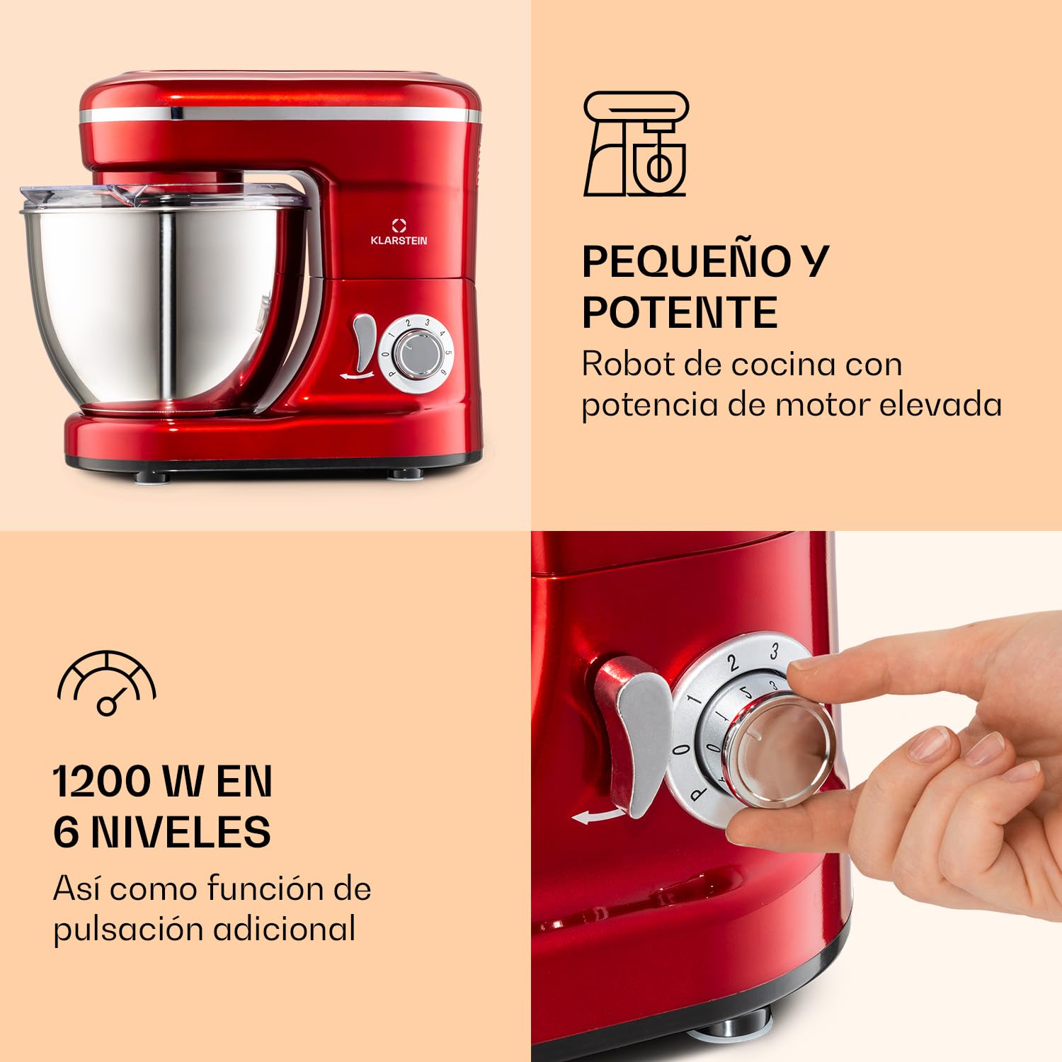 Klarstein Bella Batidora Amasadora – Robot de Cocina con 6 Velocidades, 1200 W de Potencia, Bol de Acero Inoxidable, Función Pulso, Sistema Planetario, 3 Accesorios, Rojo