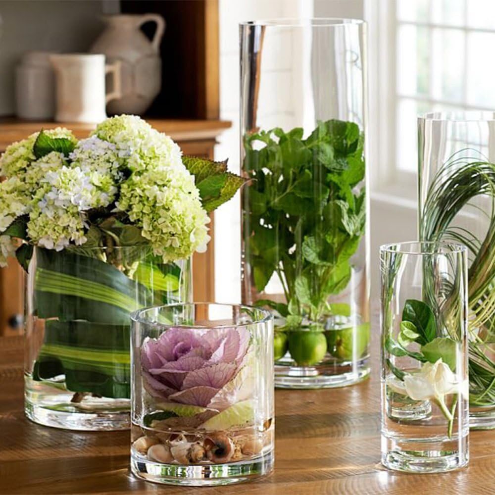 Hand-Blown and Handmade Cylinder Clear Glass Flower and Filler Vase for Home and Wedding Indoor and Outdoor Decoration 7.9" Tall, 4" Opening