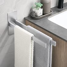 Dvocel No Hole Towel Rack, Self Adhesive Two Arms Wall Towel Bar 304 Brushed Stainless Steel Double Towel Rack for Bathroom Kitchen Silver