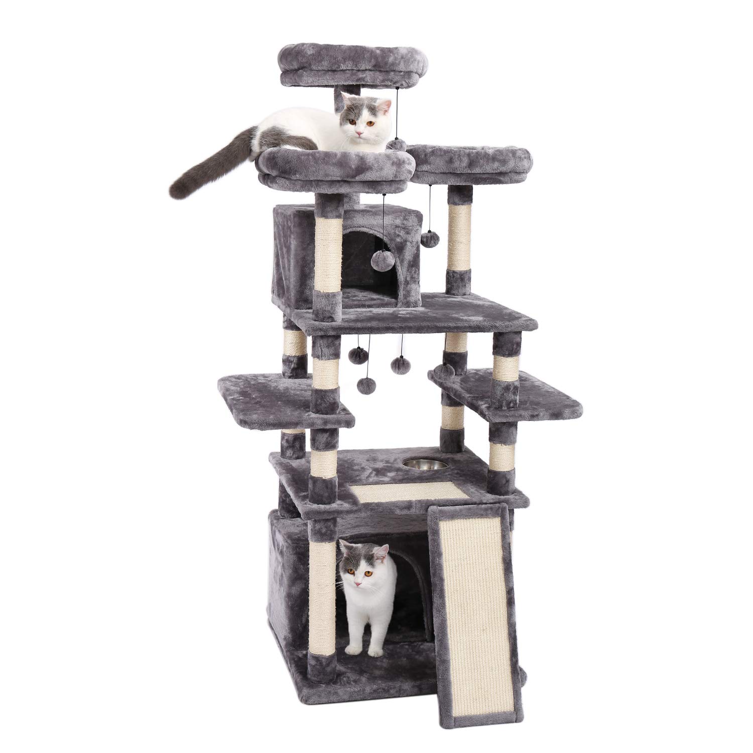 Made4Pets 66 Inches Multi-Level Cat Tree Tower with Feeding Bowl (only Dry Food), Deluxe Kitten Condos with Cozy Perches and Replaceable Dangling Balls