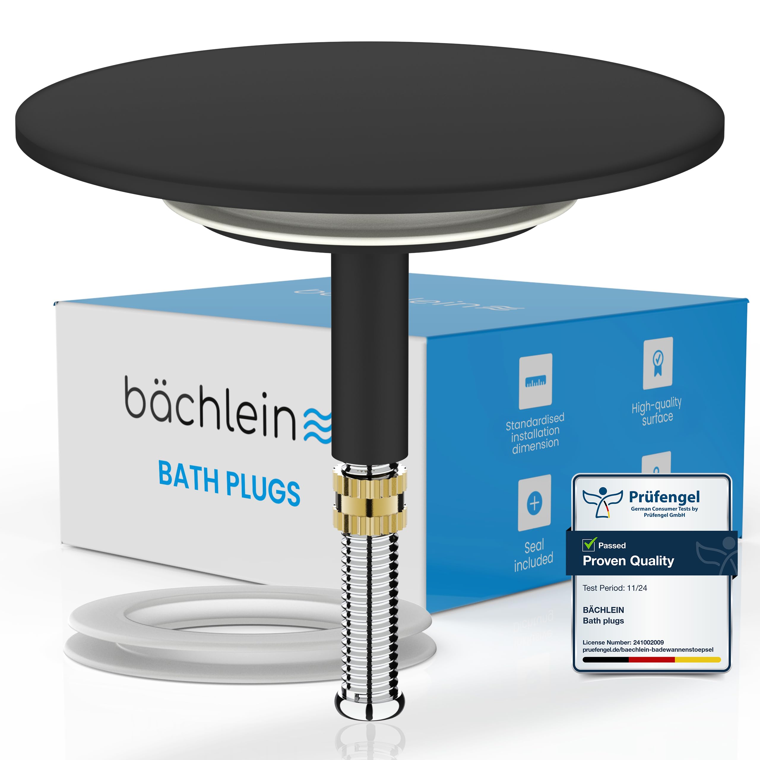 Bächlein Bath Plug - Drain Plug [Matt Black] -incl. Replacement Seal -Drain Fitting for Any Standard Bath -Plug