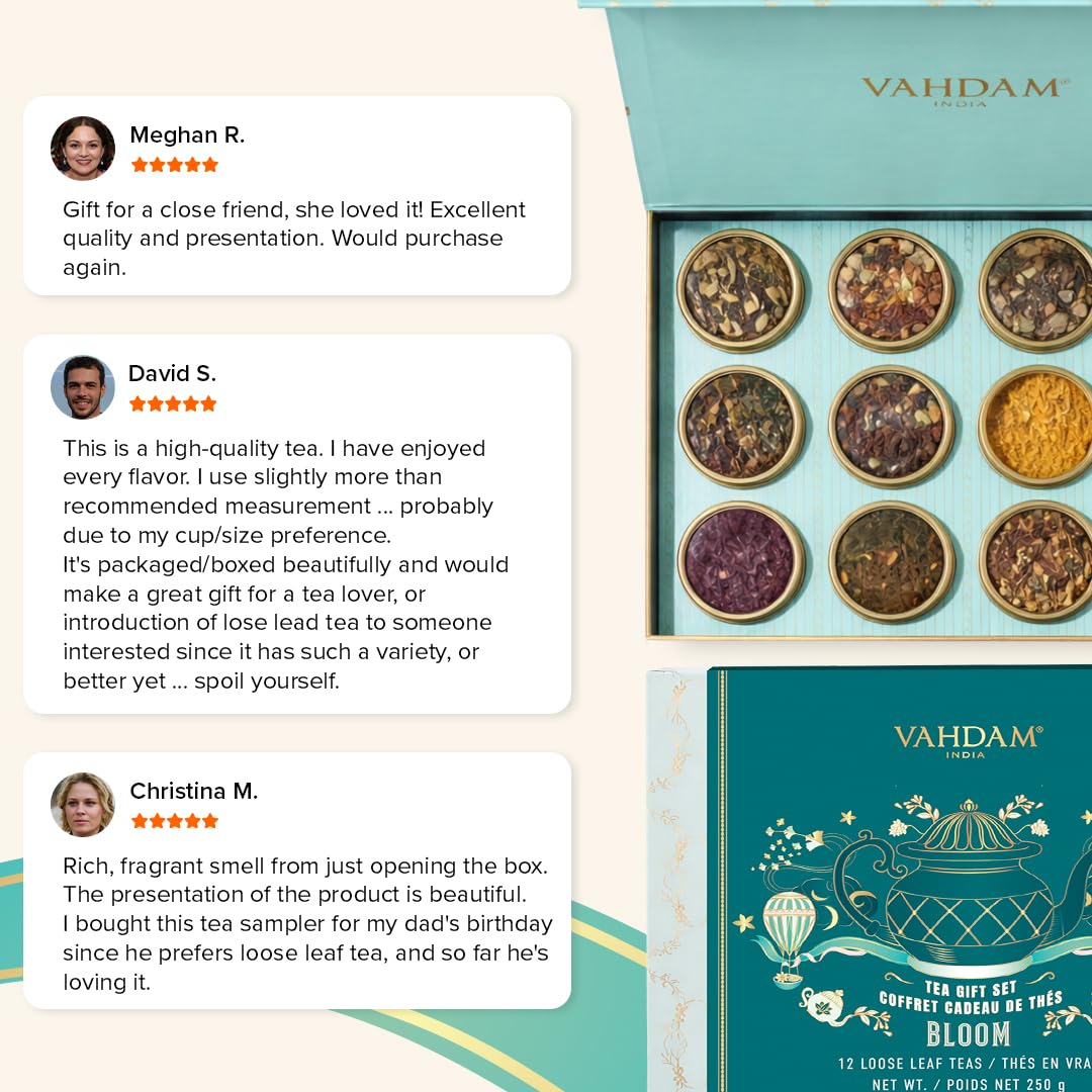 VAHDAM Bloom Luxury Tea Gift Set | 12 Premium Loose Leaf Teas in Gold Tin Caddies | Black, Green, Chai & Herbal | Corporate Gifting, Birthday & Diwali Gift | Gift for Women & Men 2