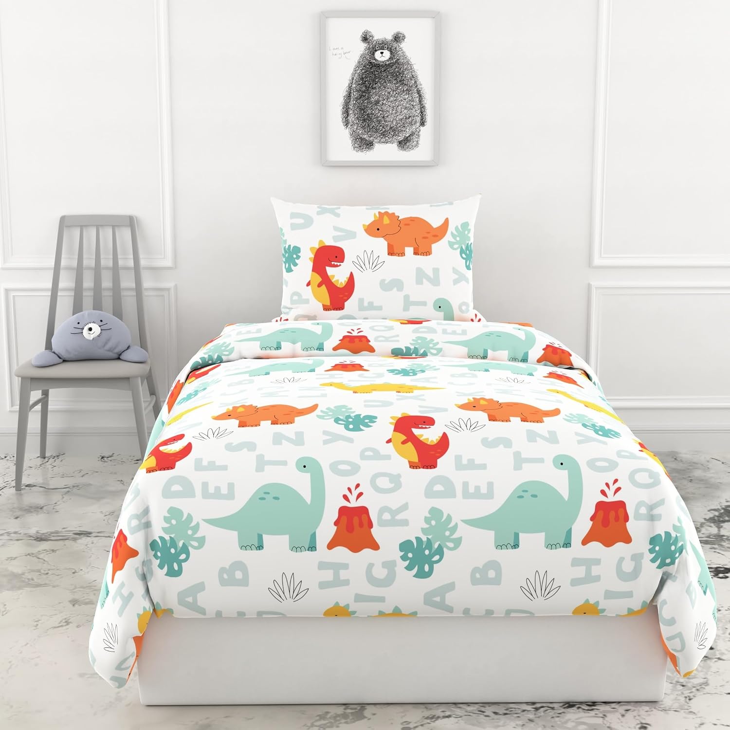 LORETO – A QUALITY LINEN BRAND 100% Pure Cotton Bedsheet for Single Bed, 144TC Soft & Breathable Single Bed Sheet with Pillow Cover (Orange & Mint Alphabet Dino Play, 54 x 84 Inches)