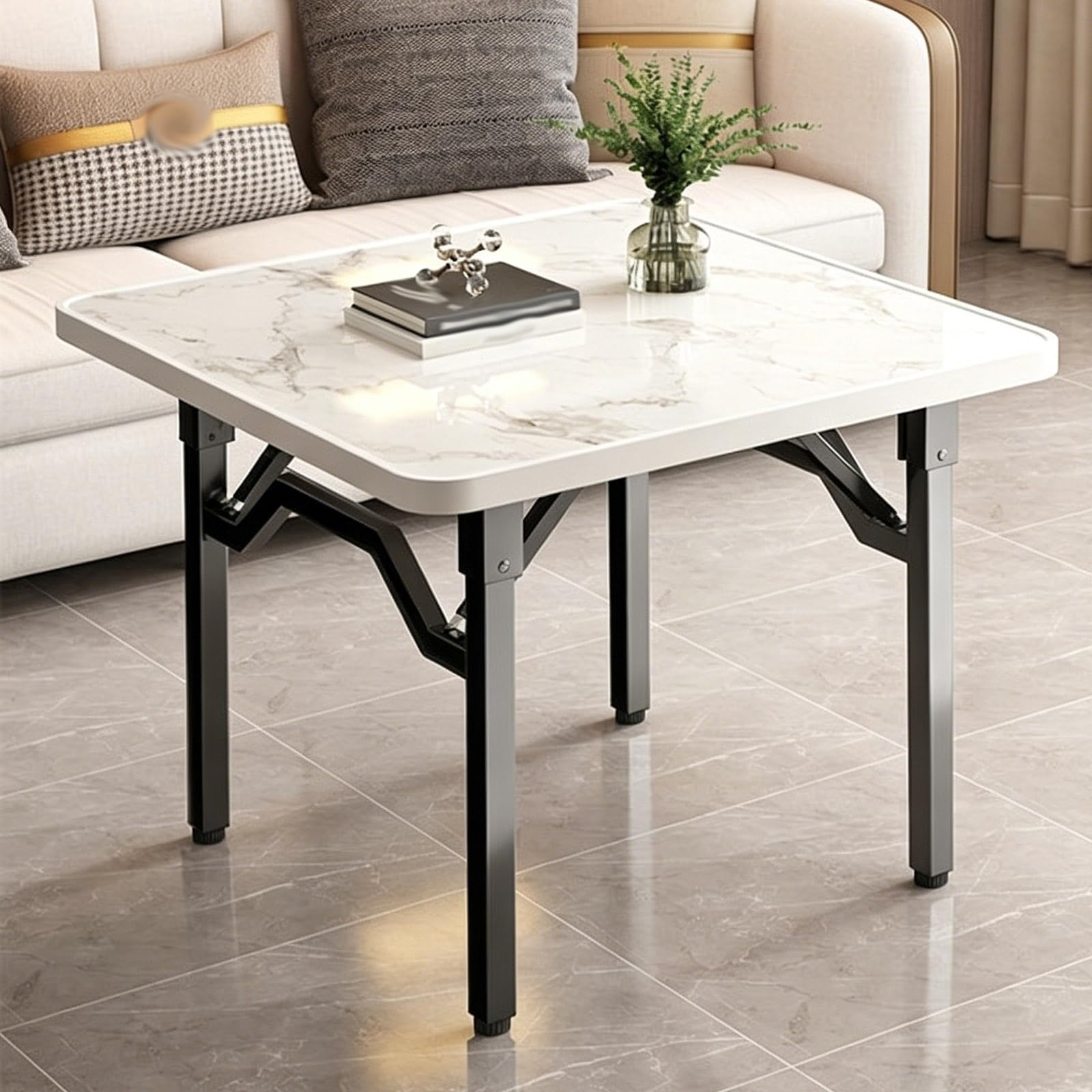 Table à manger pliante carrée 80x80 cm effet marbre blanc pour petite cuisine