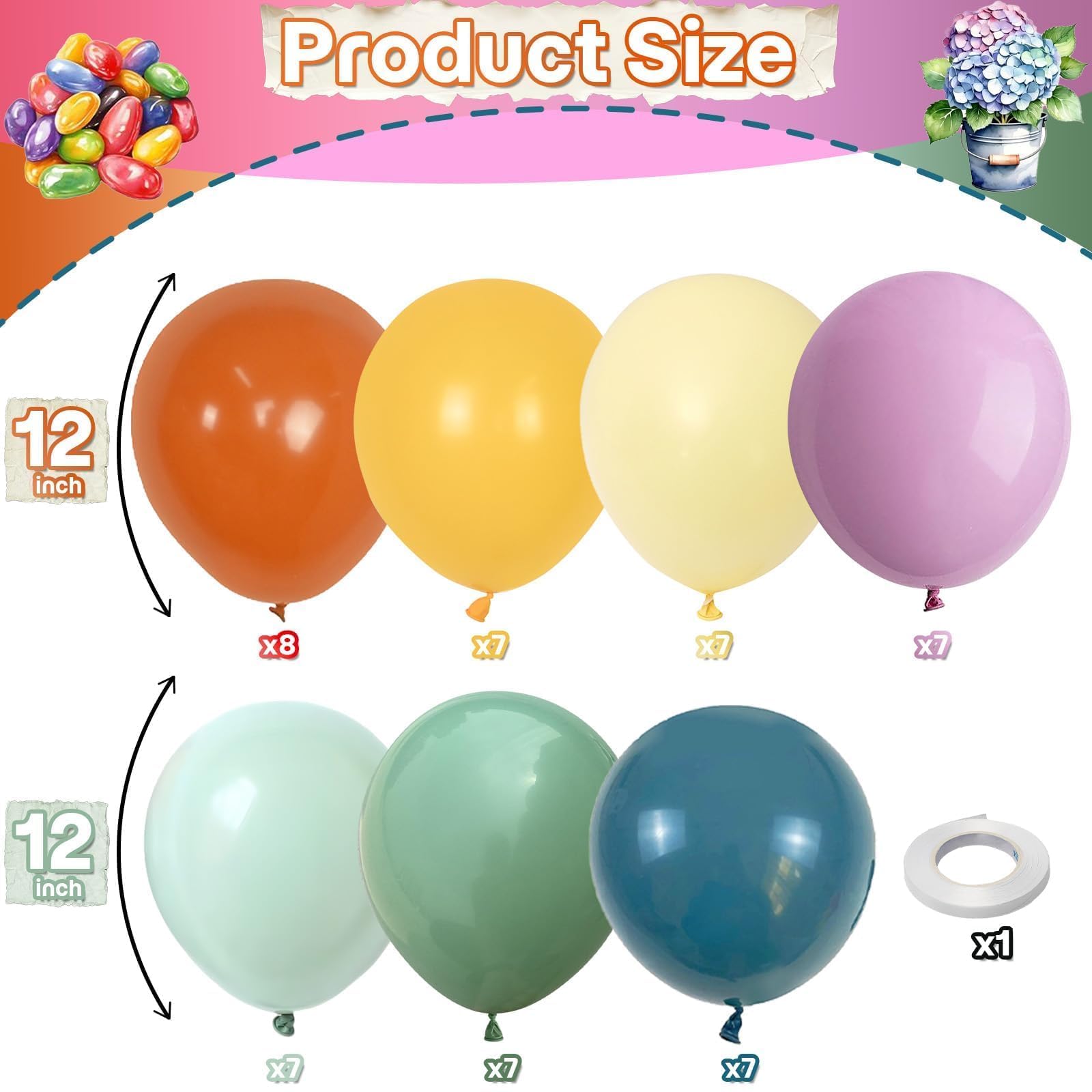 Muted Rainbow Balloons Assorted Colors, 12Inch Dusty Pastel Orange Yellow Green Blue Purple Colorful Retro Latex Balloon for Kid Boho Birthday Baby Shower Here Comes the Son Party Decorations — view 3