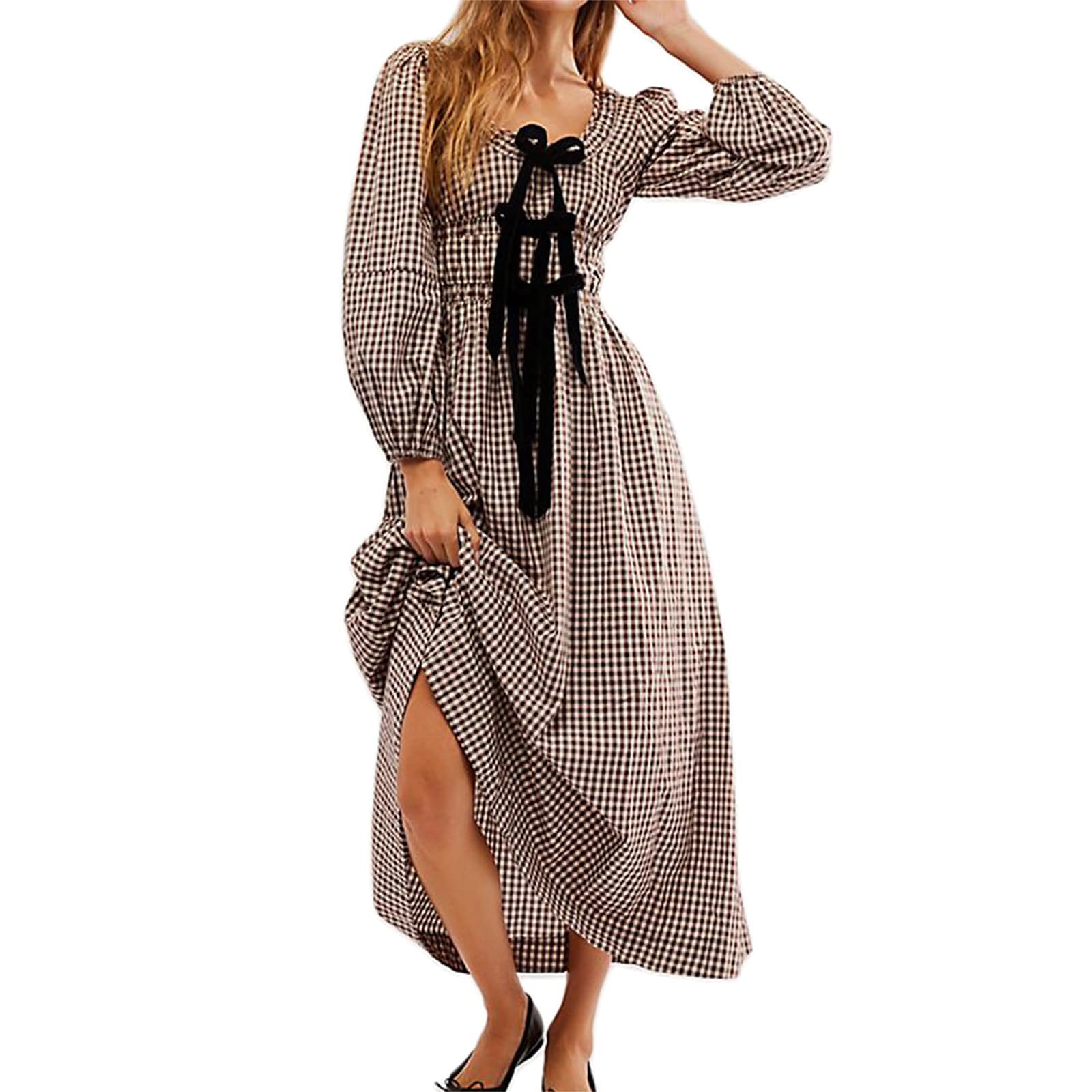 Women Plaid Maxi Dress Long Puff Sleeve Square Neck Flowy Boho Dress Bow Tie Smocked Fall Dresses