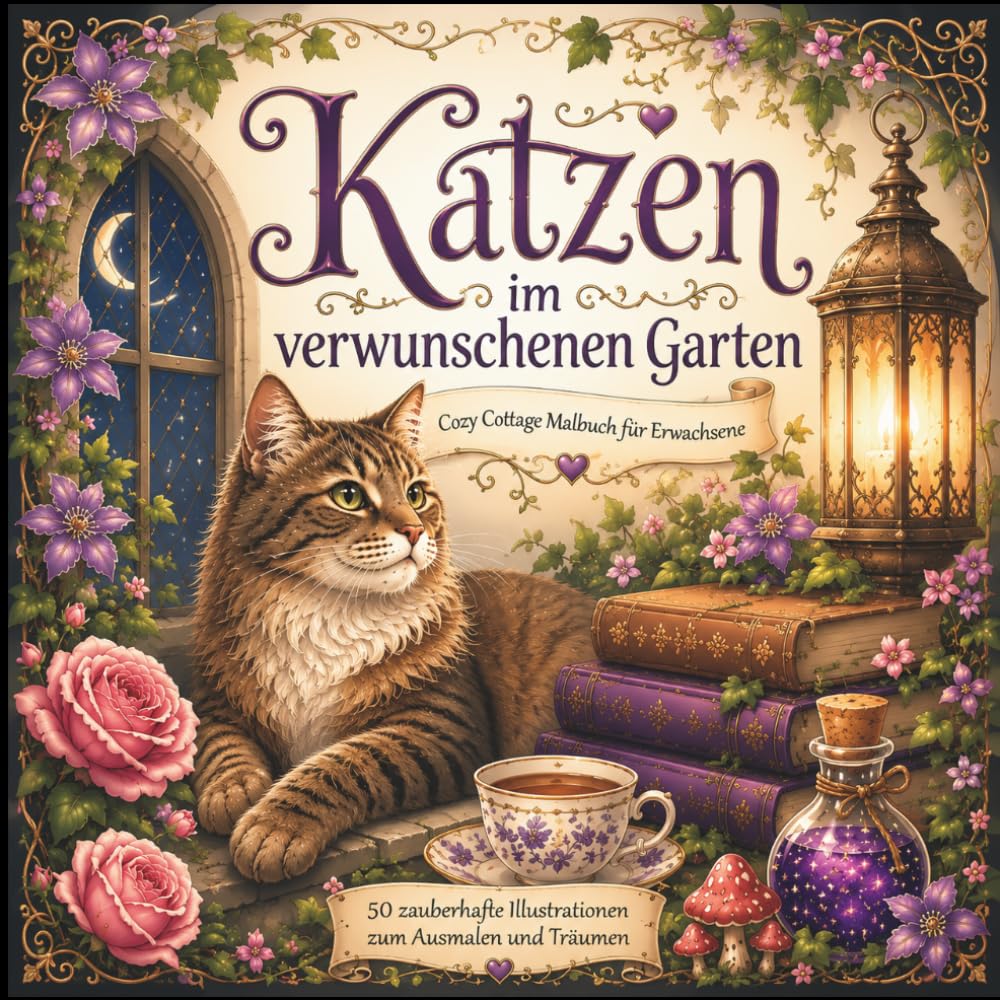 Katzen im verwunschenen Garten: Cozy Cottage Malbuch für Erwachsene