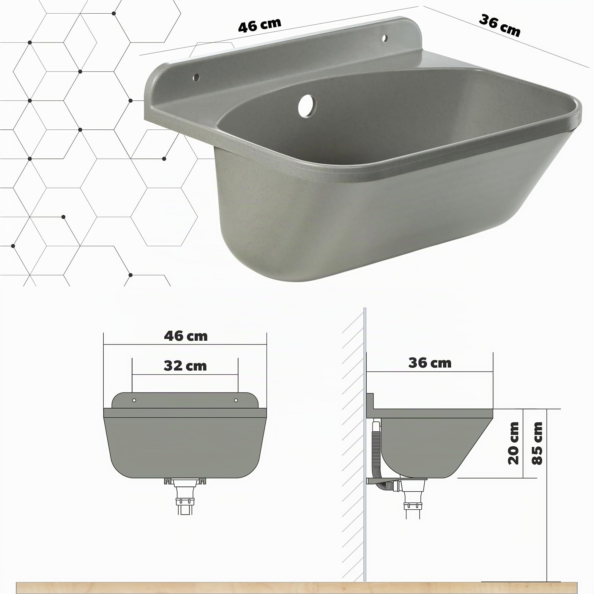 GOSPO Ausgussbecken mit Siphon, Waschbecken 46 x 36 x 20 cm, für Waschraum, Garage, Keller, Waschküche, Werkstatt, Waschtrog, Wandmontage, in Platte, Spülbecken inkl. Zubehör (grau)