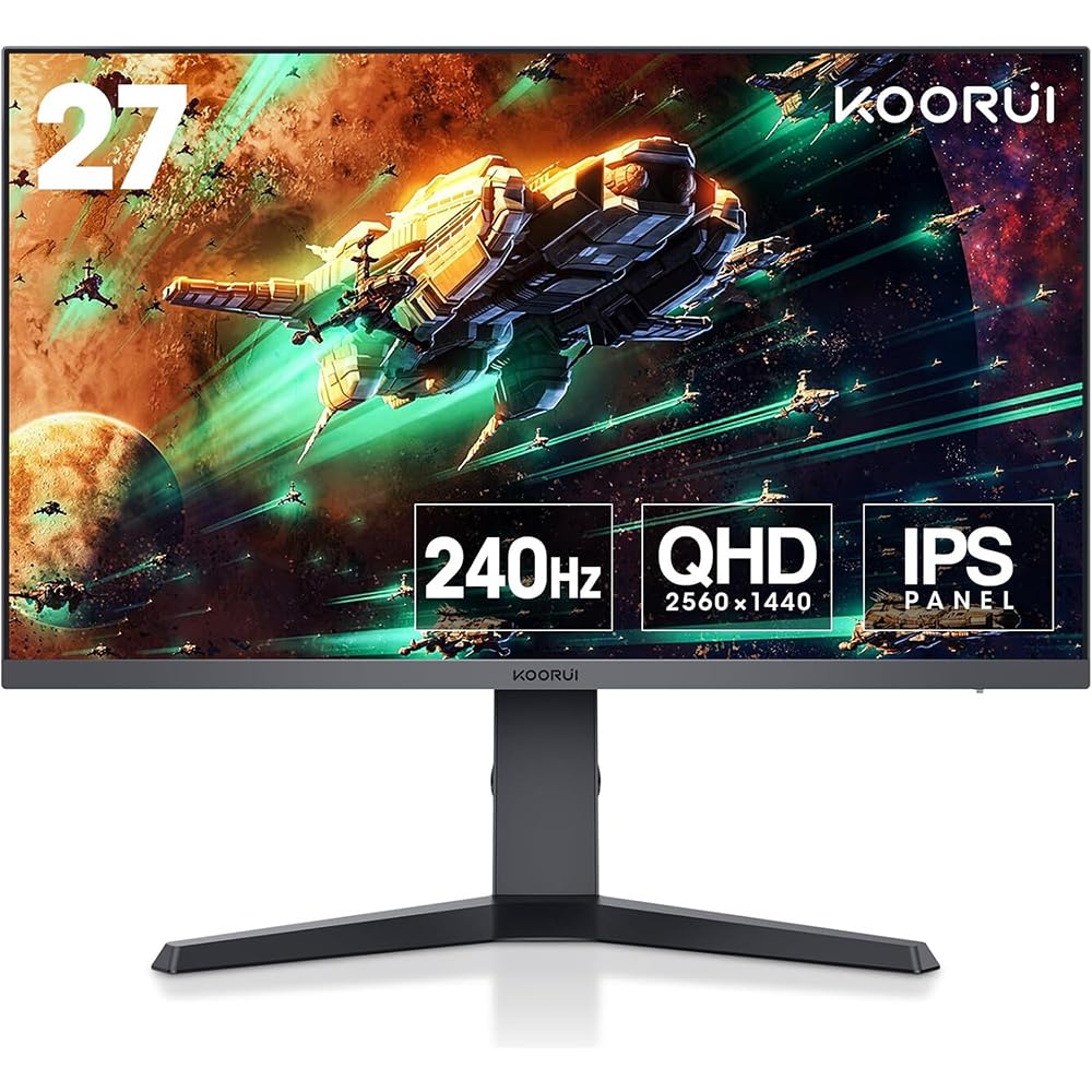KOORUI 27-Inch Gaming Monitor, QHD 2560 x 1440, 240Hz, 1ms, sRGB 100% Color Gamut, HDR 400, 16.7m Maximum Color, Tilt and Height adjustable, Vesa compatible, Adaptive Sync, Eye care - 27E3QK