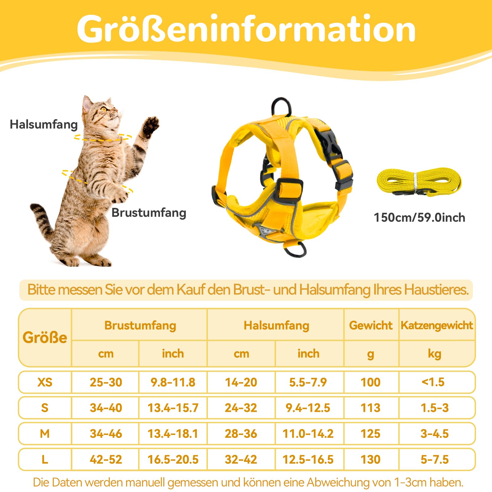 Arnés ajustable para gatos a prueba de fugas, arnés para gatos con correa, arnés suave para gatos, gatos, perros y cachorros (amarillo, S) - 3