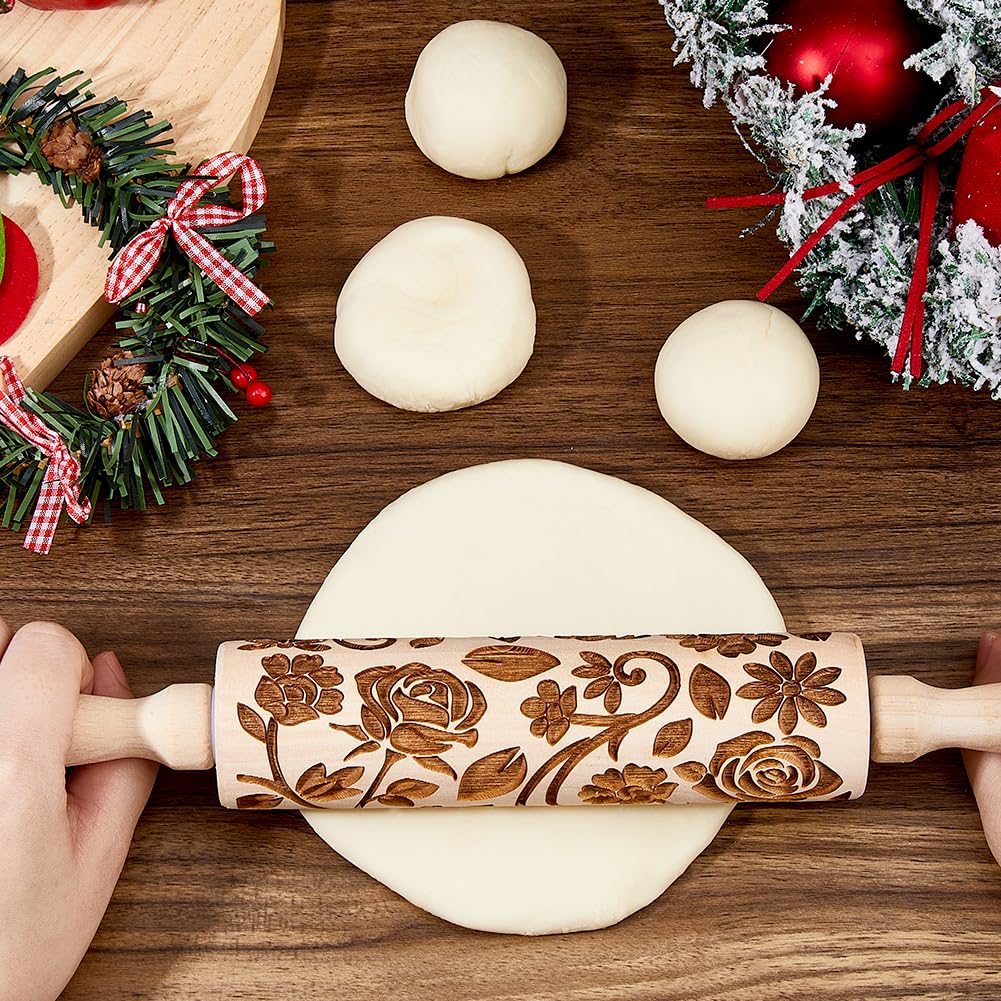 DICOSMETIC Rodillo de madera con diseño floral 3D, 35 cm, herramienta de cocina para hacer estallar masa para galletas, gofres y pasteles (estampado floral)