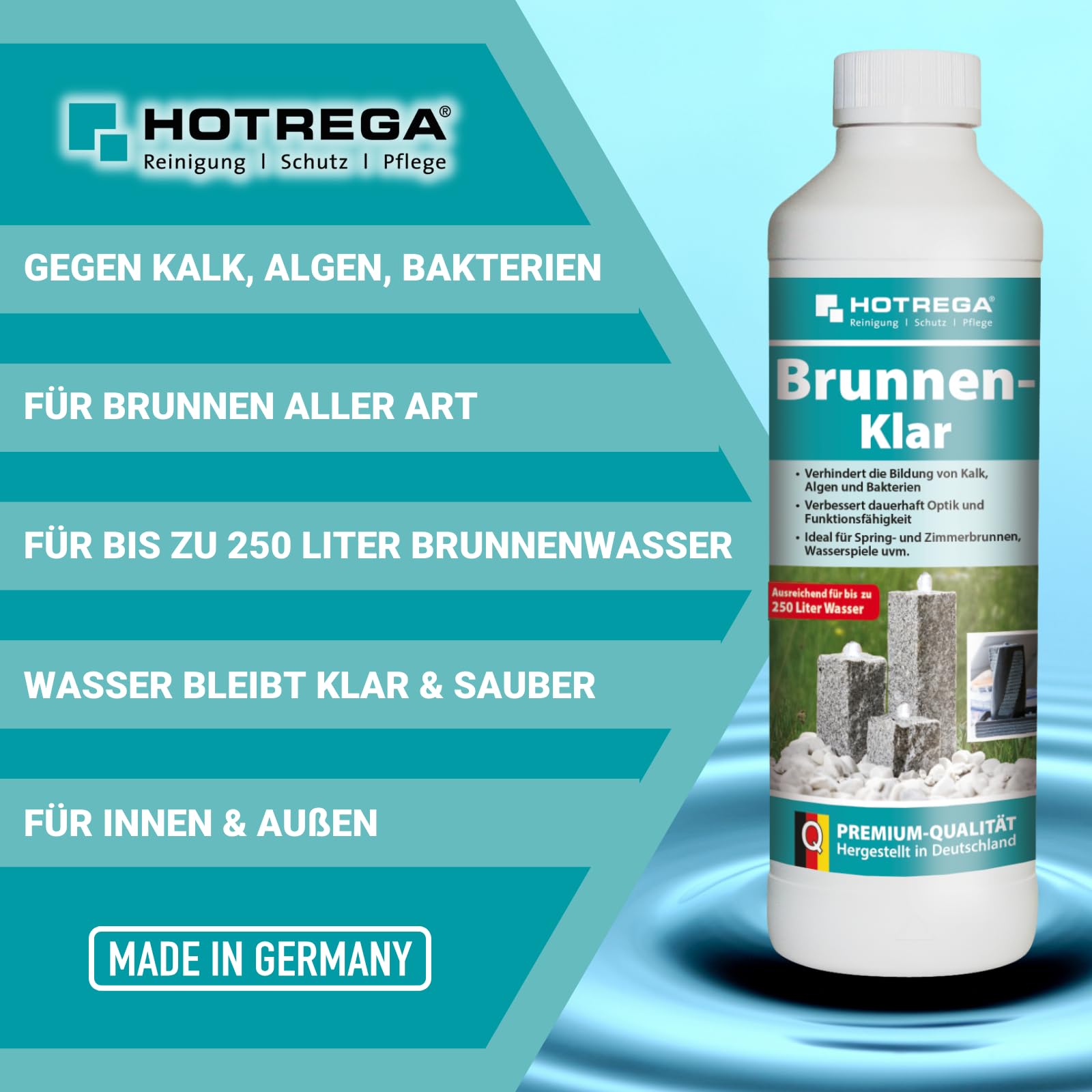 HOTREGA Brunnen-Klar 3x 500 ml | Brunnenreiniger gegen Kalk Algen und Bakterien | Für Innen- und Außenbereich | Geeignet für Zier- und Gartenanlagen