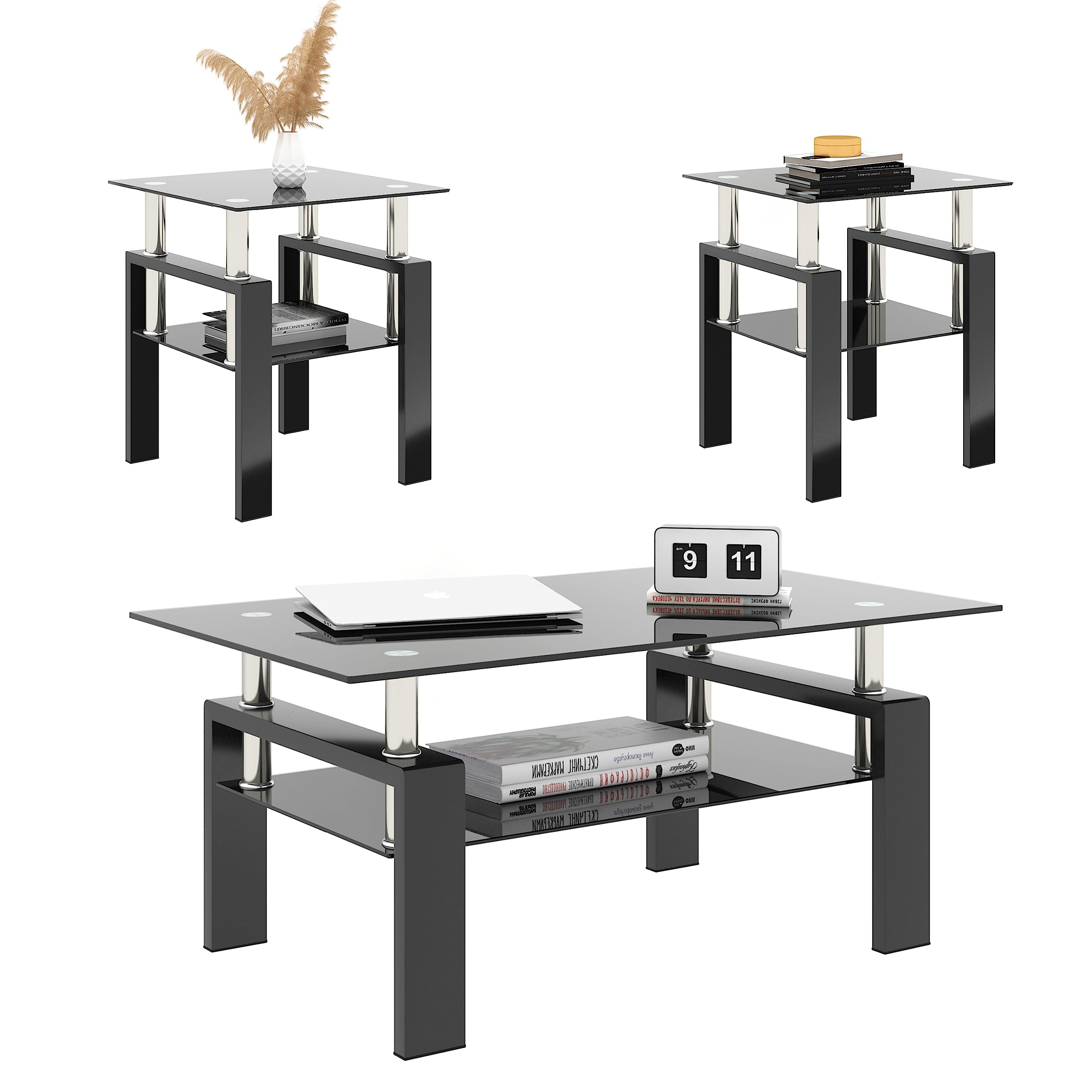 TIOPLY Living Room Tables Set,3 Piece Glass Coffee Table