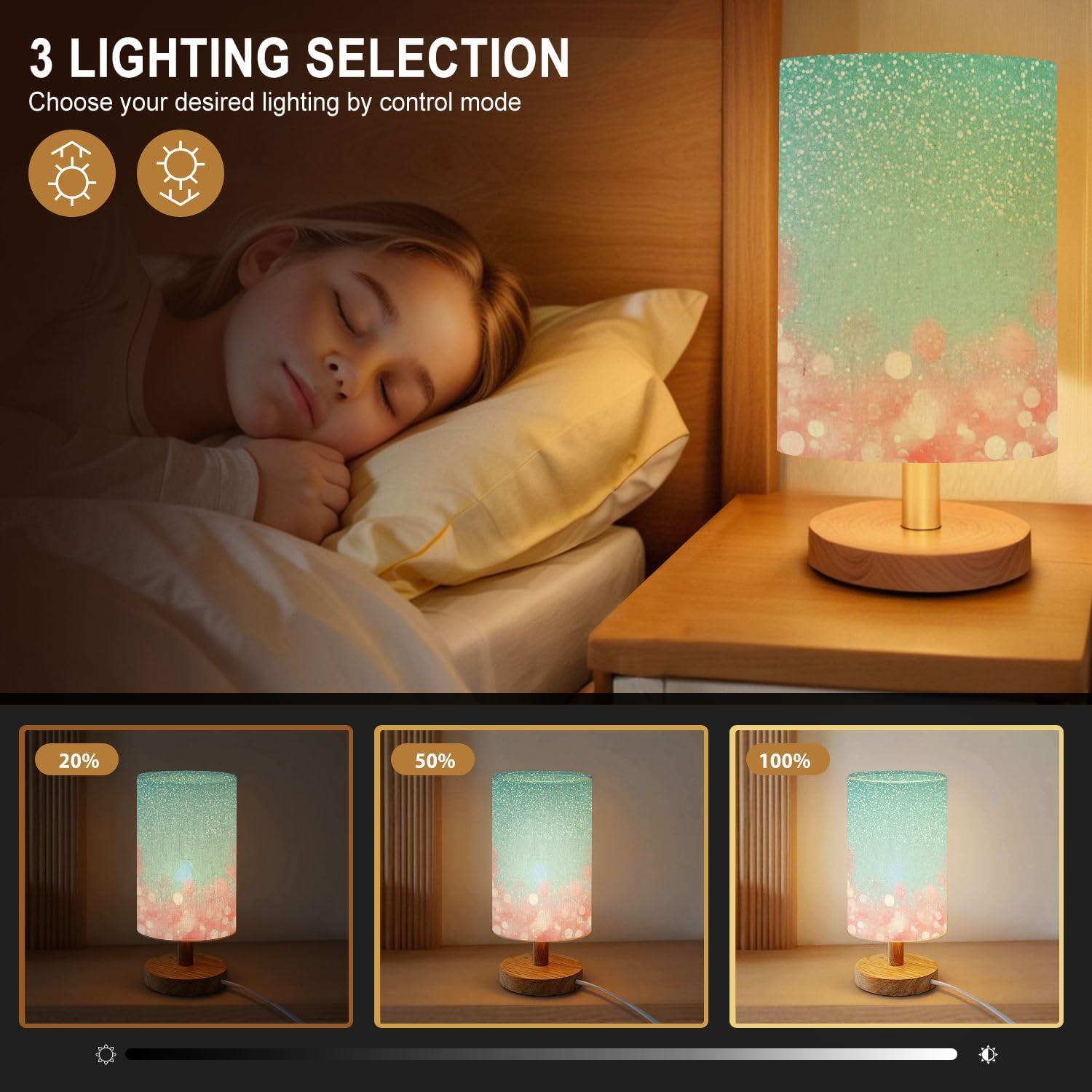 Bedside Table Lamp Fancy Teal Green Glitter Coral Pink Peach Sparkle Turquoise 16-Way Dimmable Small Desk Lamp with Round Flaxen Fabric Shade for Nightstand Bedroom Living Room Home Decor