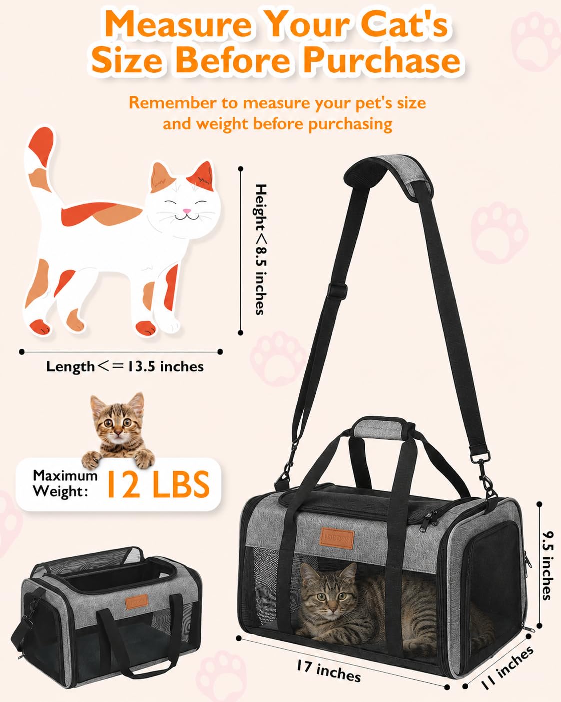 PETUX Von Fluggesellschaften zugelassene Haustier-Tragetasche, 43,2 x 27,9 x 24,1 cm, Untersitz, oben und seitlich, weiche Seiten, Katzentrage für kleine Katzen bis zu 5,4 kg, mit atmungsaktivem