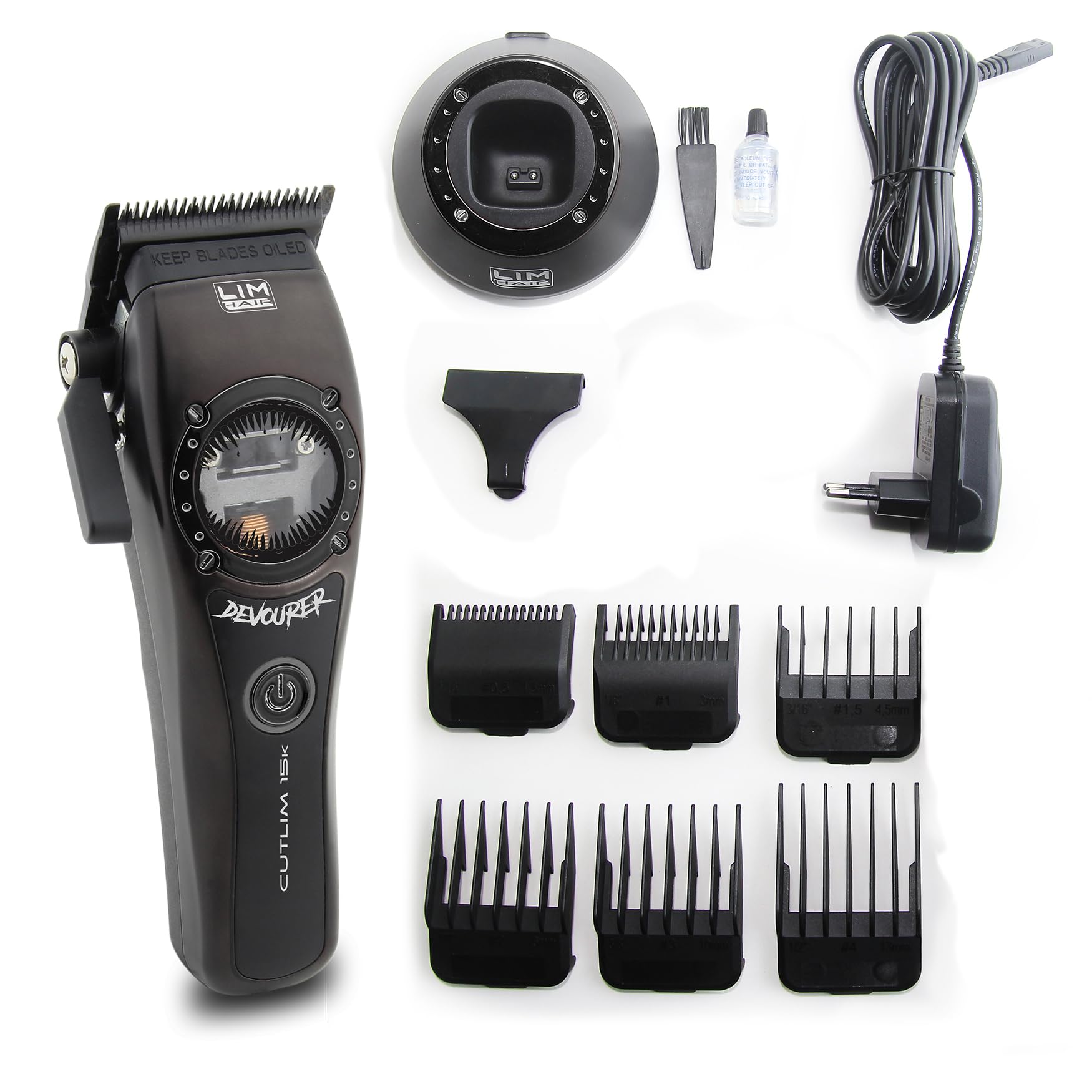 Máquina de corte de cabello LIM HAIR CUTLIM 15k DEVOURER para profesionales cualificados. Cabello, barba y cuerpo. Motor VECTOR hasta 15.000 rpm, Batería Litio, 5 alturas corte, 6 peines magn NG/​NG