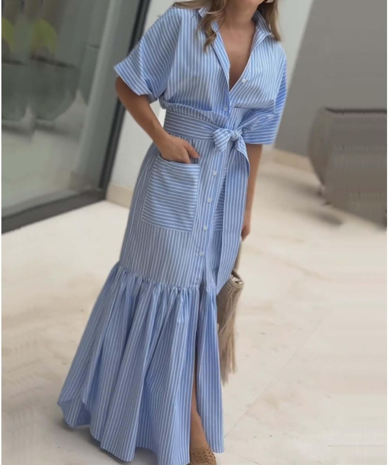 Sexyshine Women's Striped Maxi Dress Lapel V Neck Button Down Tie Waist Short Sleeve Ruffled Swing Shirt Dress with Pockets - Image 2