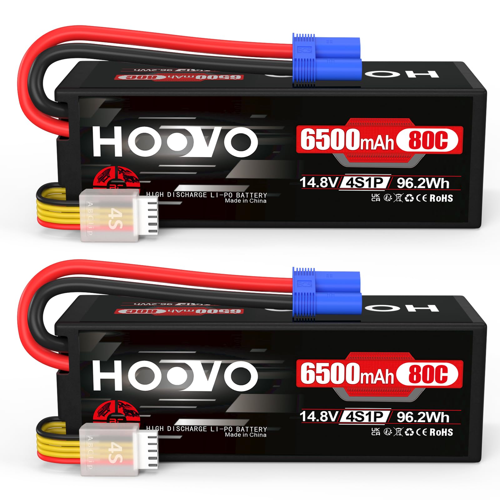 HOOVO 4S Lipo Battery 14.8V 6500mAh 80C RC Battery EC5 Plug Hard Case for RC Car Truck Buggy RC Quadcopter Helicopter Airplane Racing Drone (2 Pack)