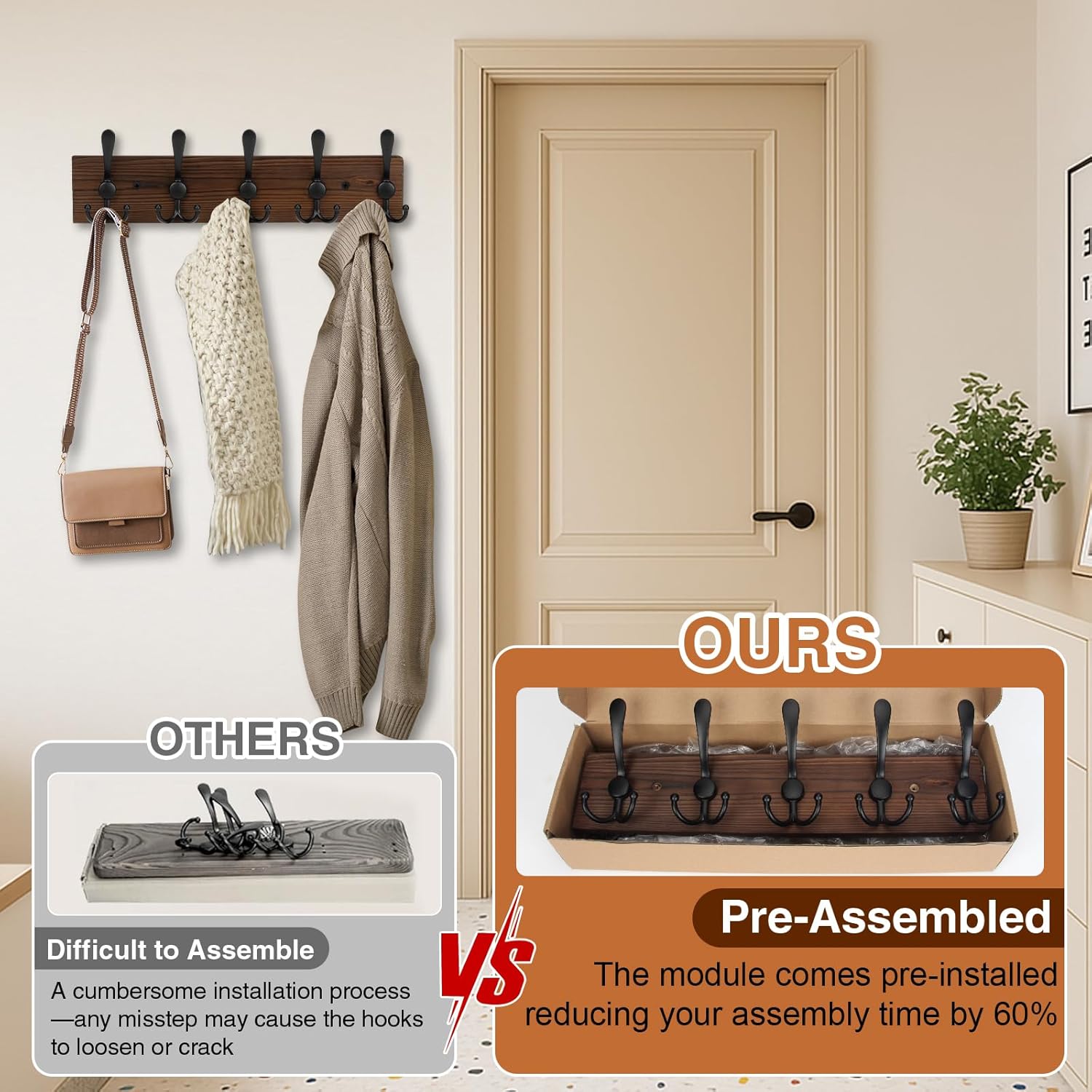 Wooden Coat Rack Wall Mount Heavy Duty, 2 Pack Coat Hanger Wall Mount with 5 Triple Hooks for Clothes, Jacket, Hat, Keys, Space Saving Entryway Organizer for Mudroom (Brown Plate & Black Hooks) - Image 3