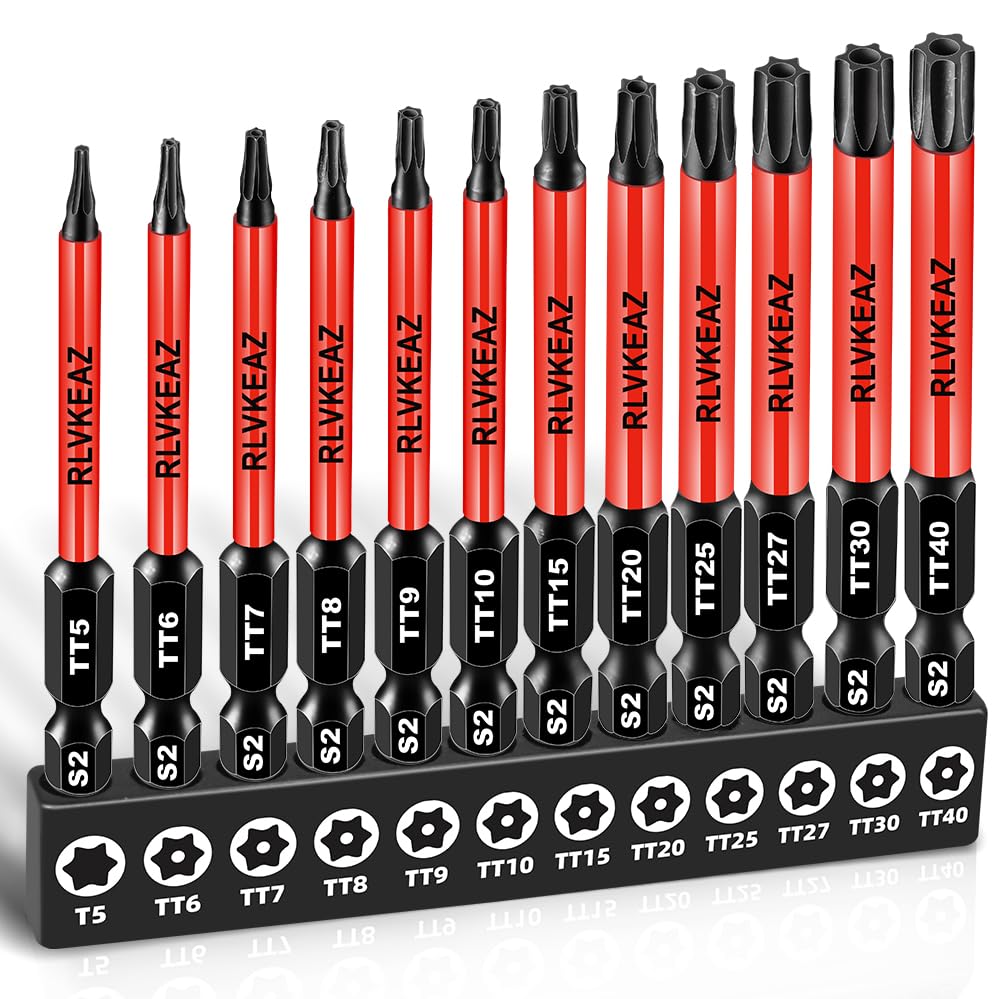 12-Piece Impact Security Torx Bit Set (T5-T40), 3-Inch Long S2 Steel Tamper-Proof Star Bits Set, with 1/4" Hex Shank, Magnetic & High Torque for Automotive, Electronics, DIY Repairs