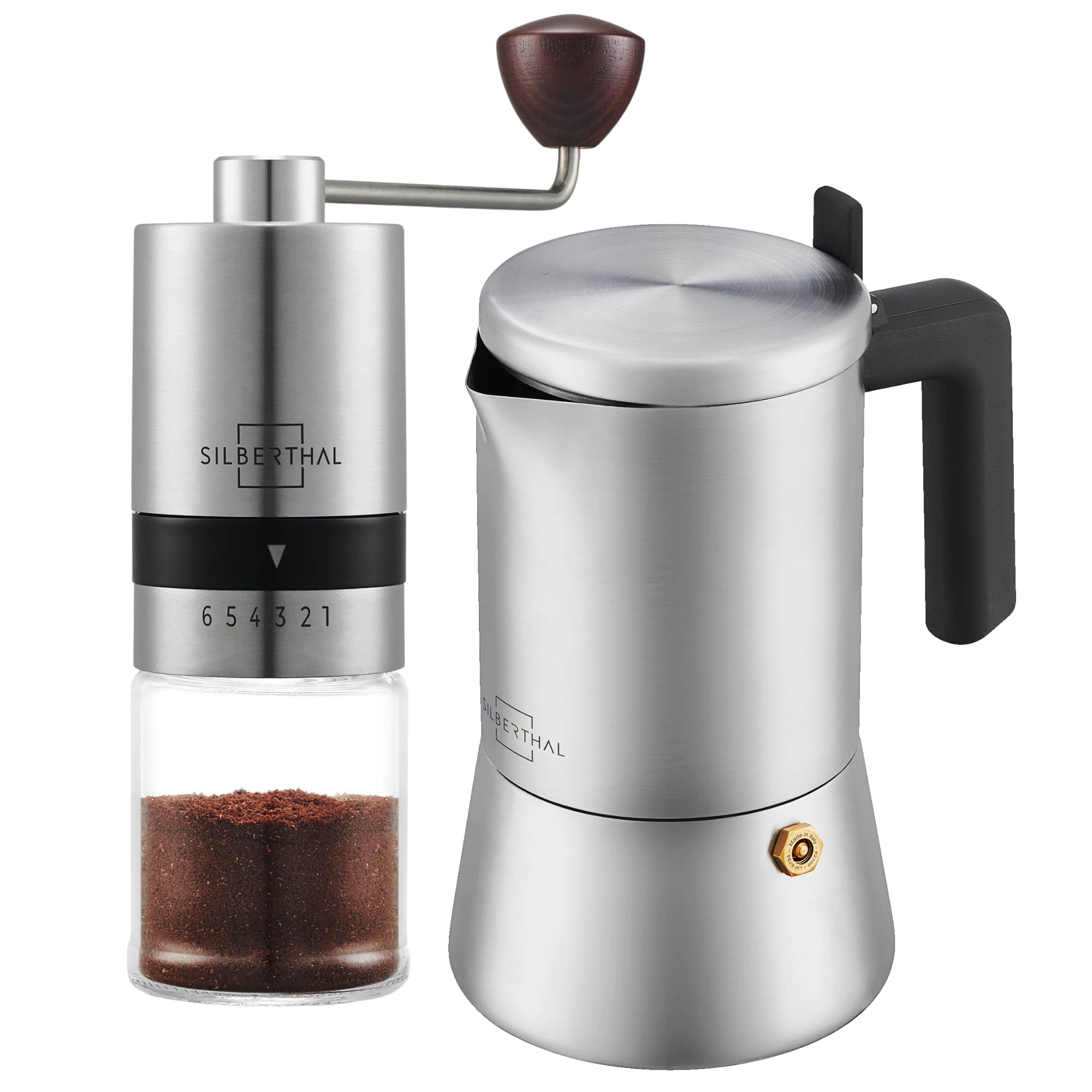 SILBERTHAL Set moka 300ml y molinillo café manual - Inducción y gas - Inox | Acero inoxidable - Disfruta del café en casa - Recién molido - Molienda ajustable - Frescura aromática y diseño