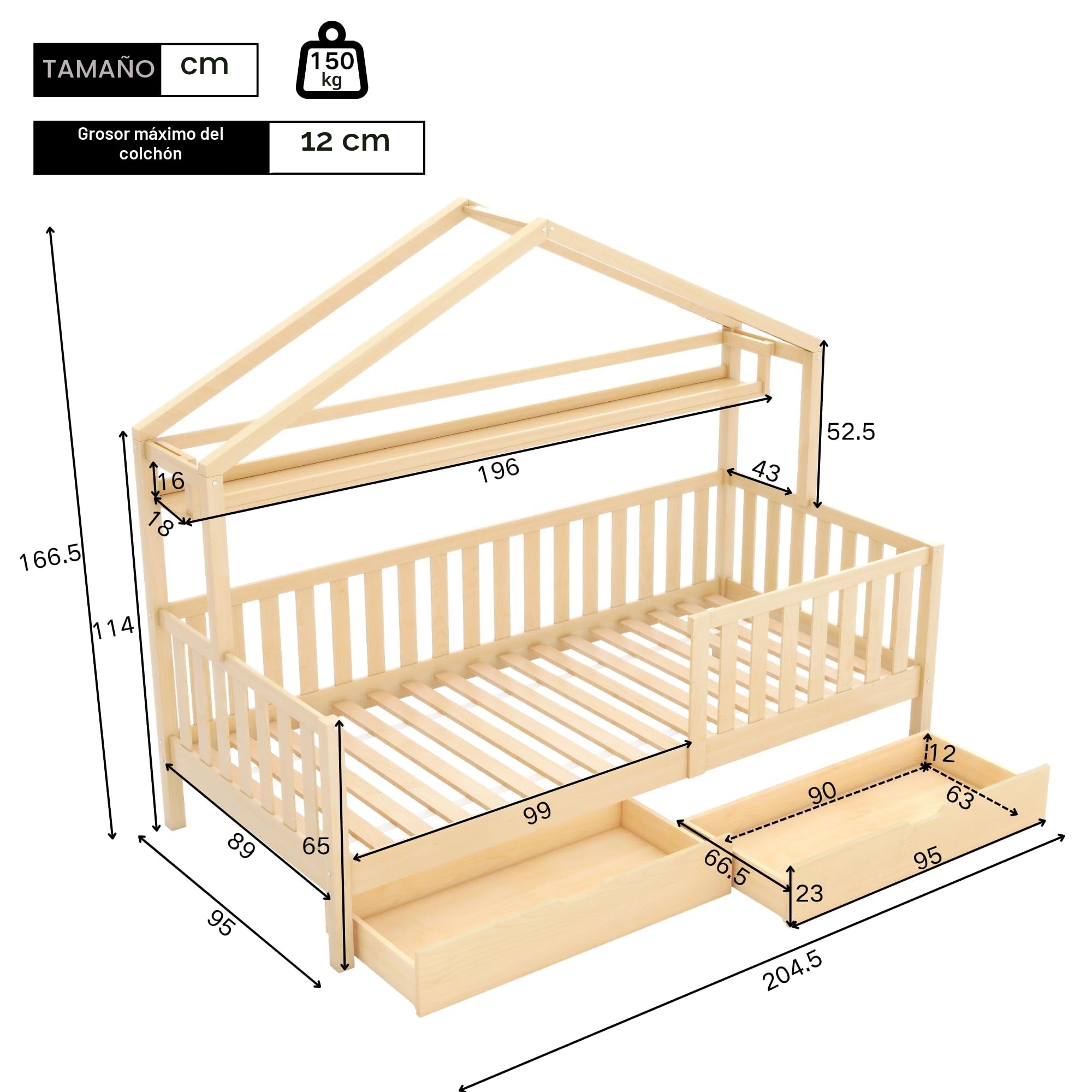 Cama infantil con cajones de madera maciza con listones de madera de pino, para casa de niños y jóvenes, 90 x 200 cm, color madera