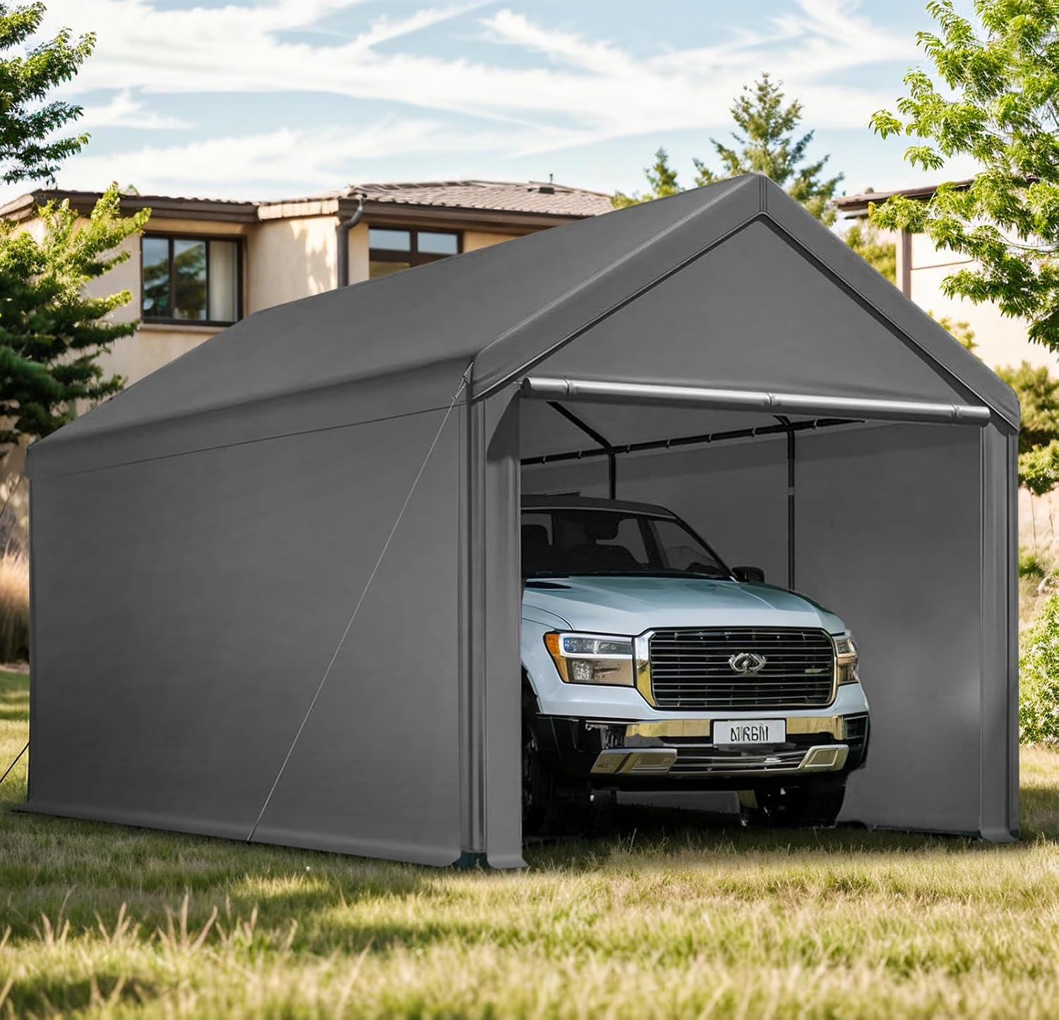 Carport, 10x20ft Heavy Duty Portable Garage, Car Port with Storage Shed, Car Canopy with Removable All-Season Tarp Sidewalls & Doors for Car, Truck, Boat, Party, Grey