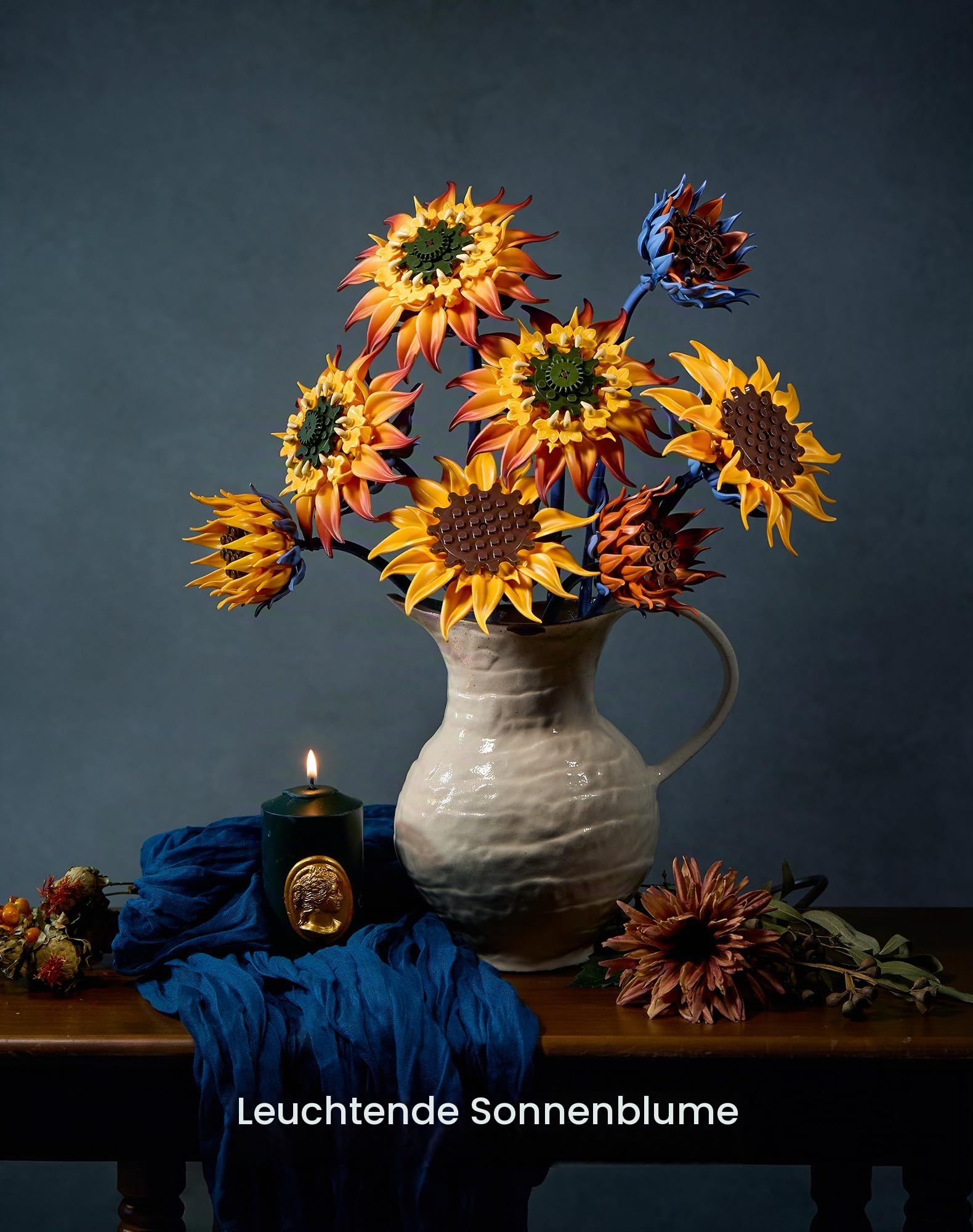 Flammende Sonnenblume Klemmbausteine (771 Teile), Künstlicher Blumenstrauß Bausatz mit 4 Blütephasen & verstellbarem Stiel, Tischdeko, Geschenk für Erwachsene & Frauen