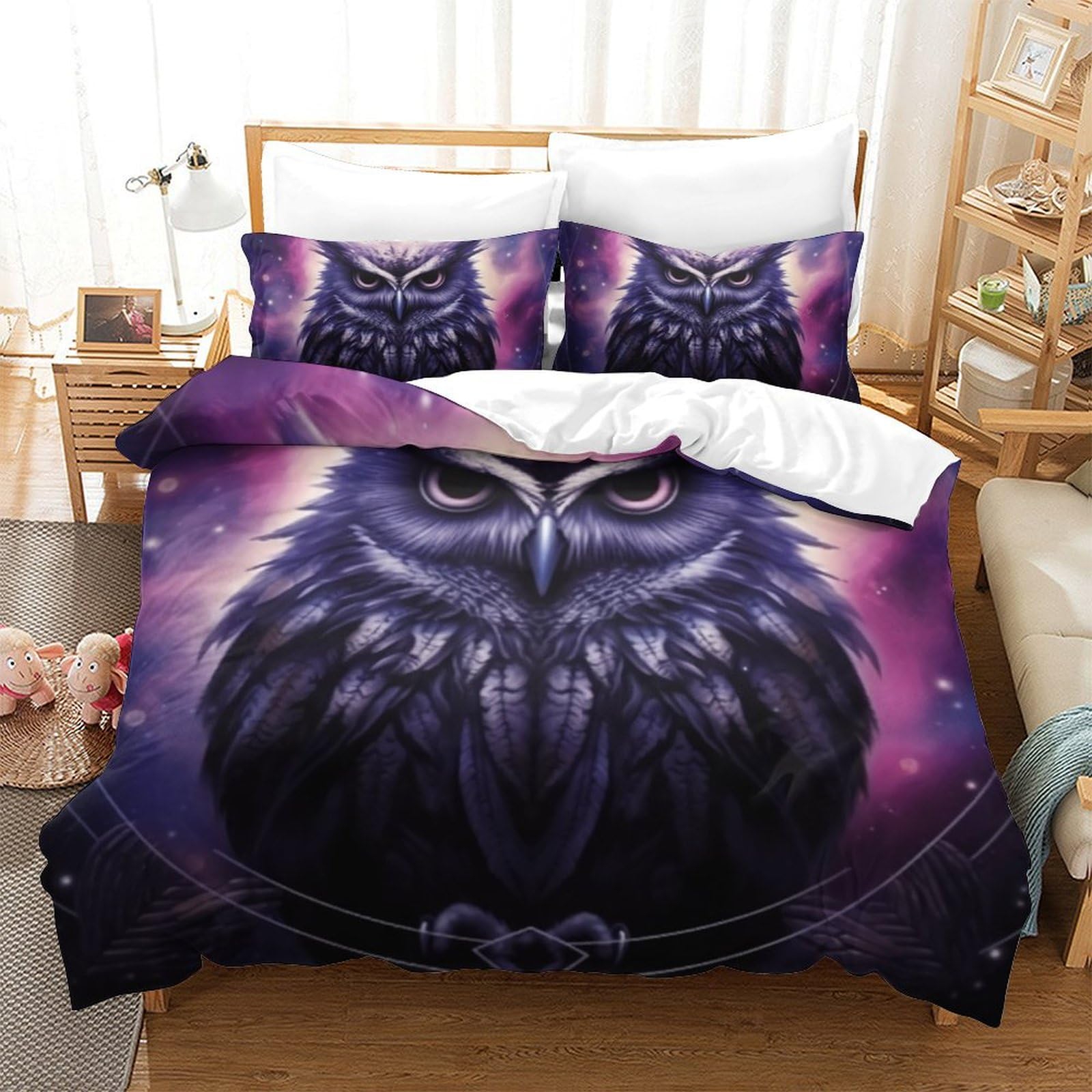 Housse de couette 220x240 hibou 3D lit king size enfant parure de lit 3 pièces