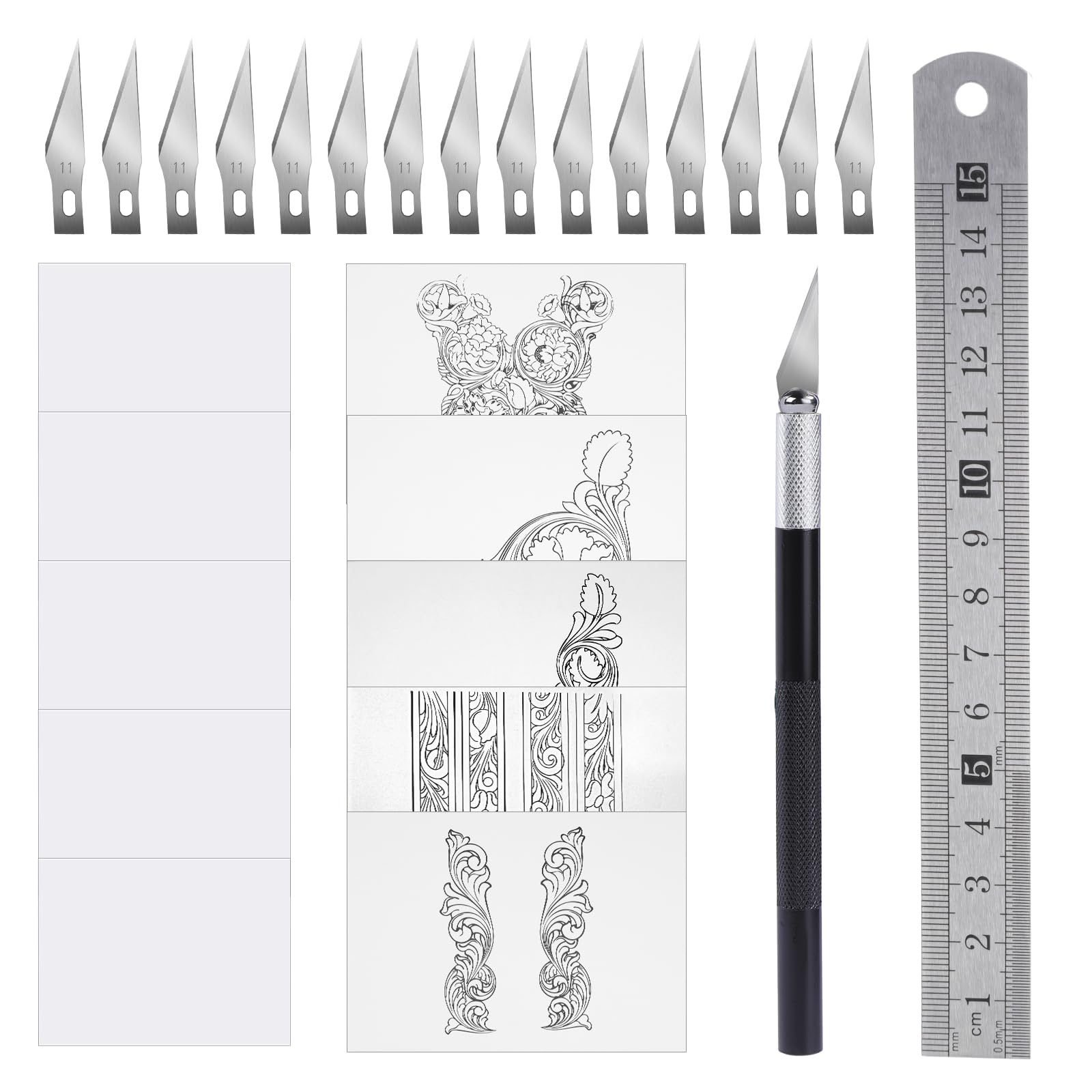 Craft Hobby Knife Exacto Knife with 15 Pcs Stainless Steel Blade Kit, 1pcs Steel 15CM Ruler and Carving Pattern Description Paper, hobby knife for Art, Scrapbooking, Stencil