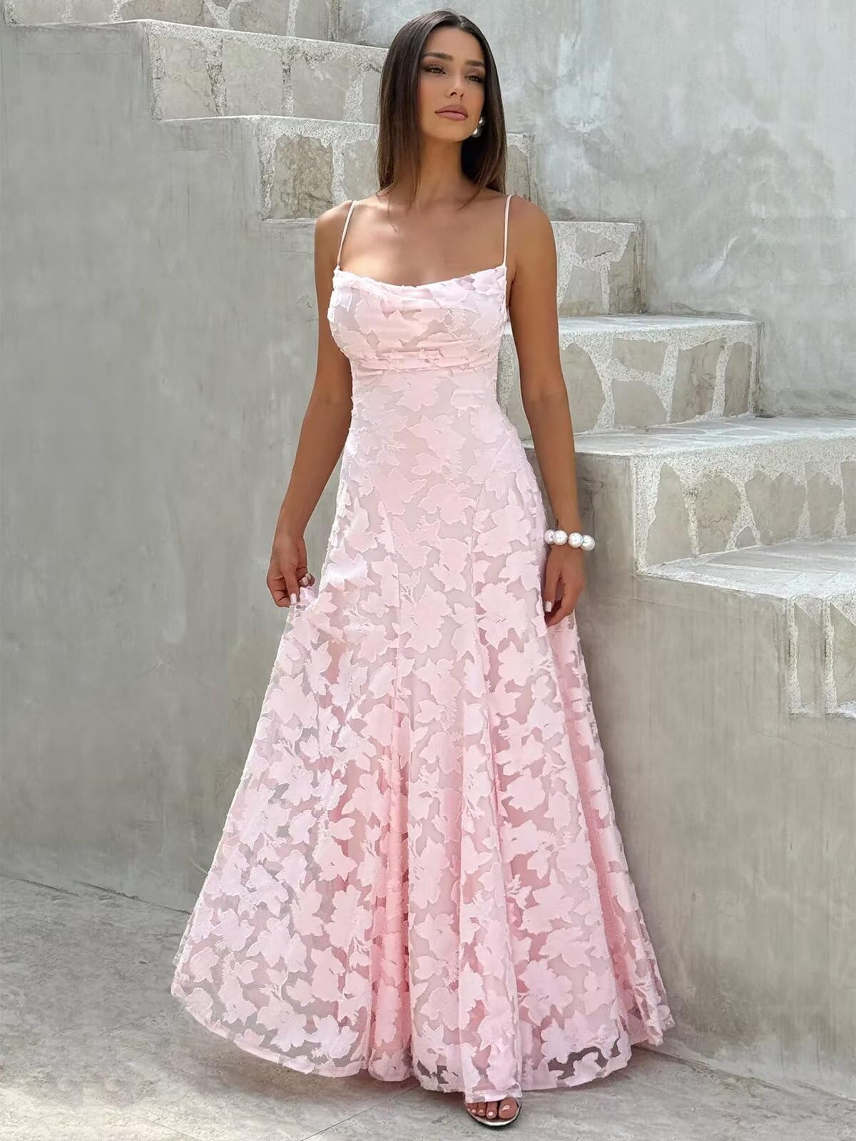 Damen Floral Spaghettiträgern Abendkleider Lang - A Linie Brautjungfernkleider Formelle Ballkleider Für Hochzeiten