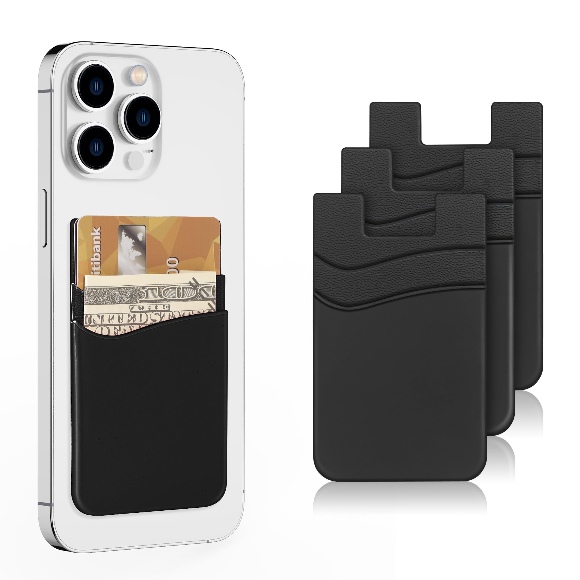 SHANSHUI Phone Card Holder, Silicone Phone Wallet Stick on Credit Card Holder Pocket for Almost All Smartphones (Black/3pcs)